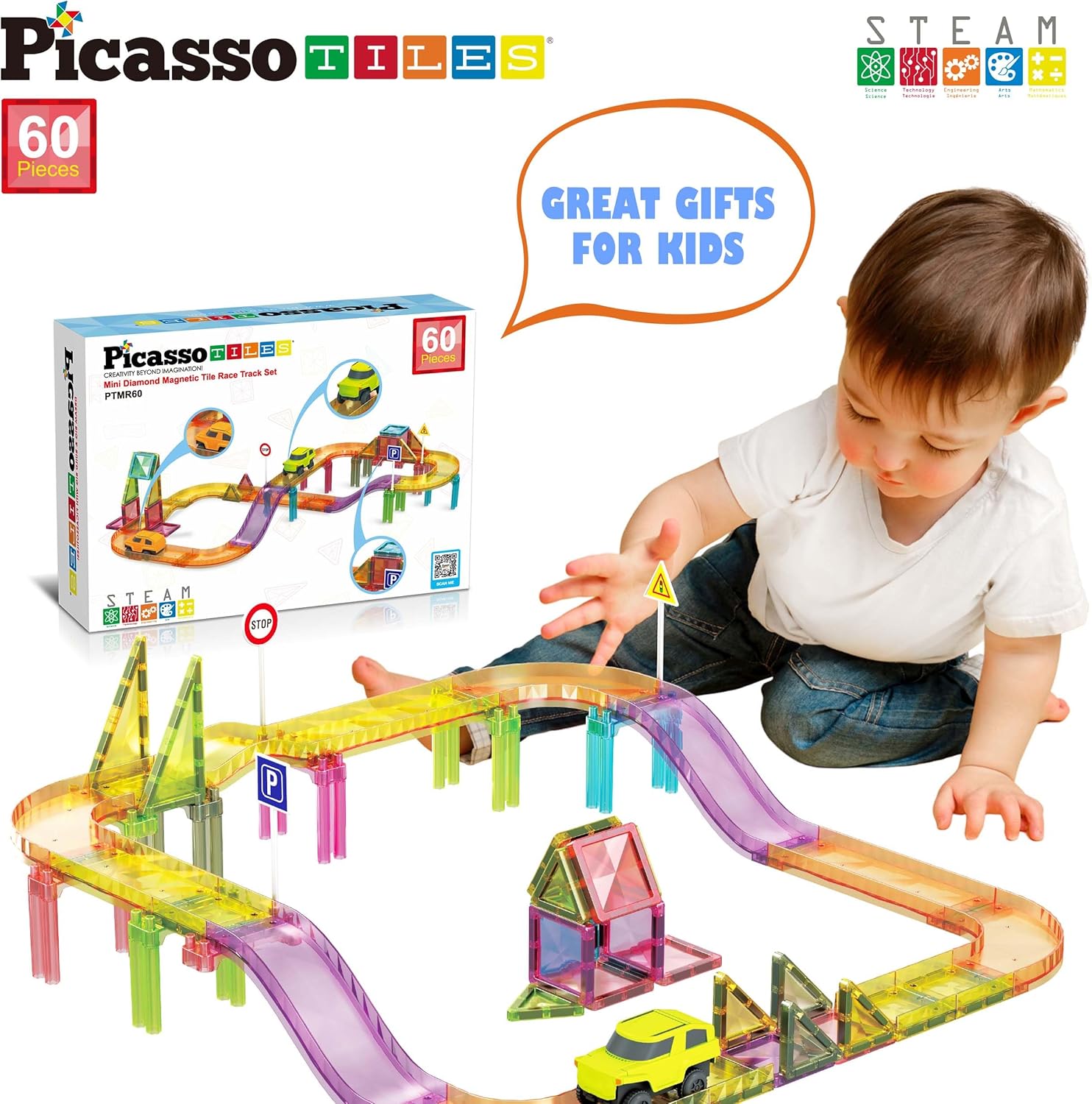 imagePicassoTiles 60pc Race Car Track Magnetic Tiles Travel Toy Sensory Magnet Tile Toys for Toddlers STEM Educational Learning Preschool Play Construction Stacking Blocks Kids Boys Girls Ages 3 PTMR6060pc Race Car Track Magnetic Tiles