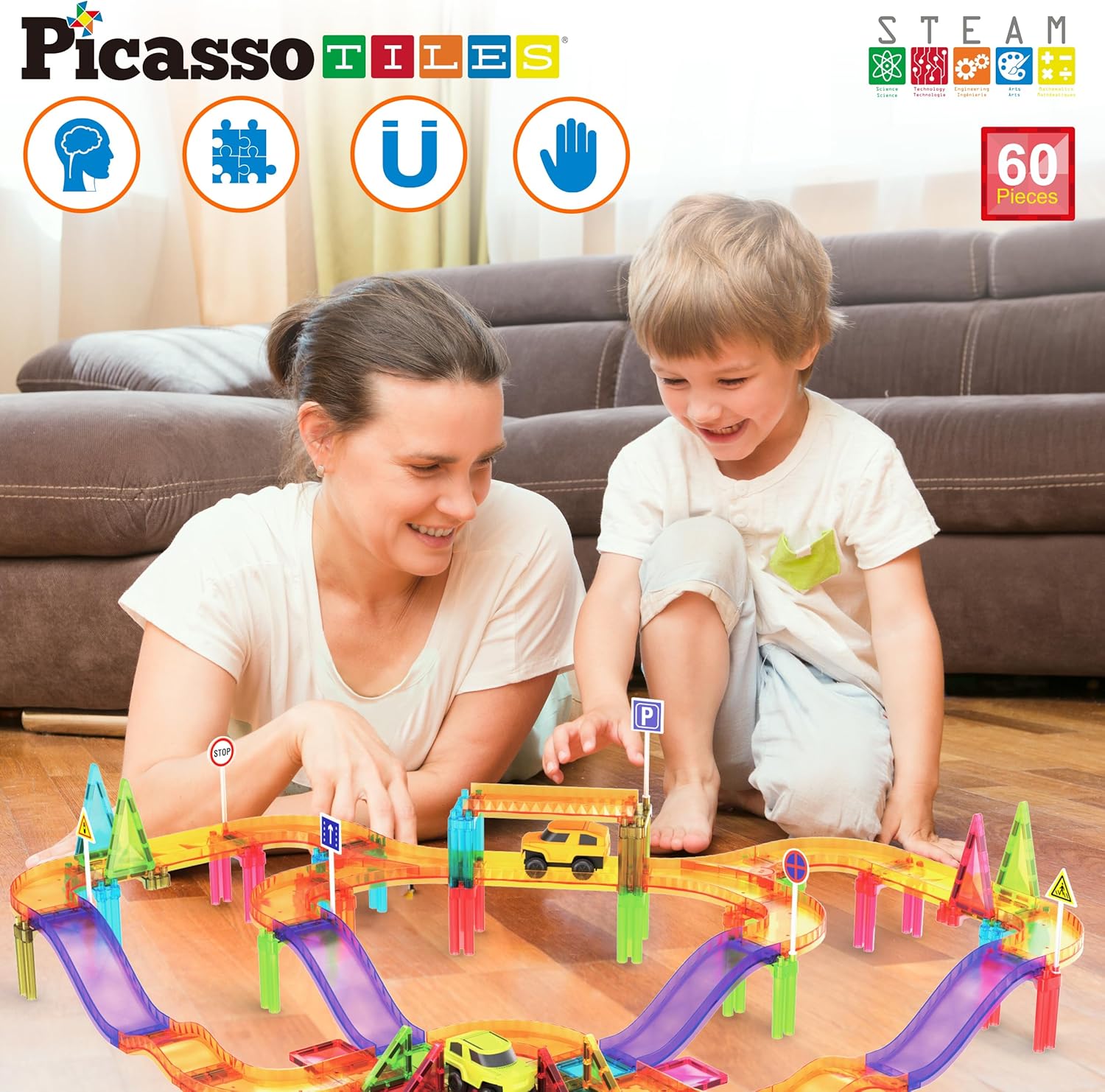 imagePicassoTiles 60pc Race Car Track Magnetic Tiles Travel Toy Sensory Magnet Tile Toys for Toddlers STEM Educational Learning Preschool Play Construction Stacking Blocks Kids Boys Girls Ages 3 PTMR6060pc Race Car Track Magnetic Tiles