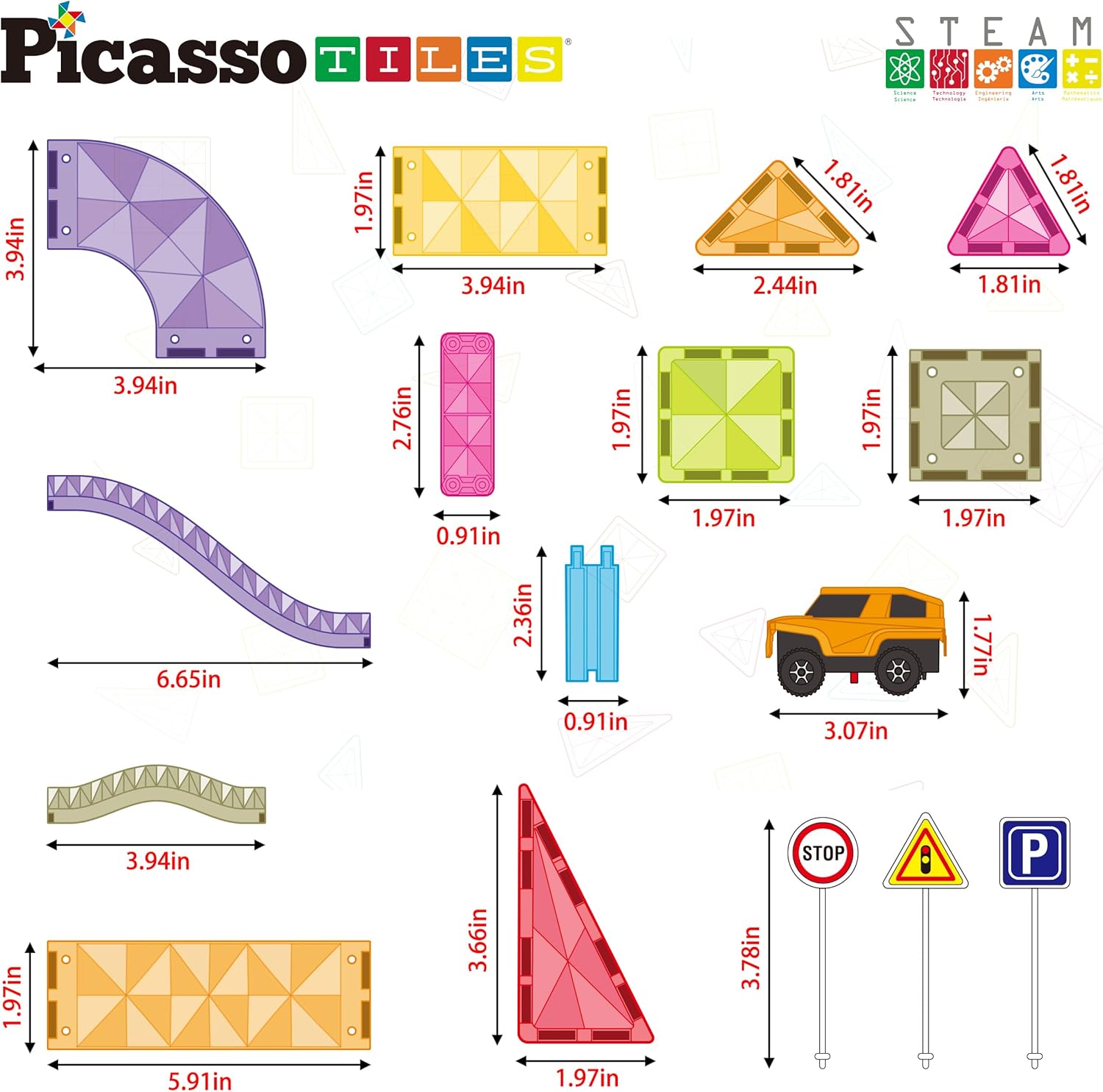 imagePicassoTiles 60pc Race Car Track Magnetic Tiles Travel Toy Sensory Magnet Tile Toys for Toddlers STEM Educational Learning Preschool Play Construction Stacking Blocks Kids Boys Girls Ages 3 PTMR6060pc Race Car Track Magnetic Tiles