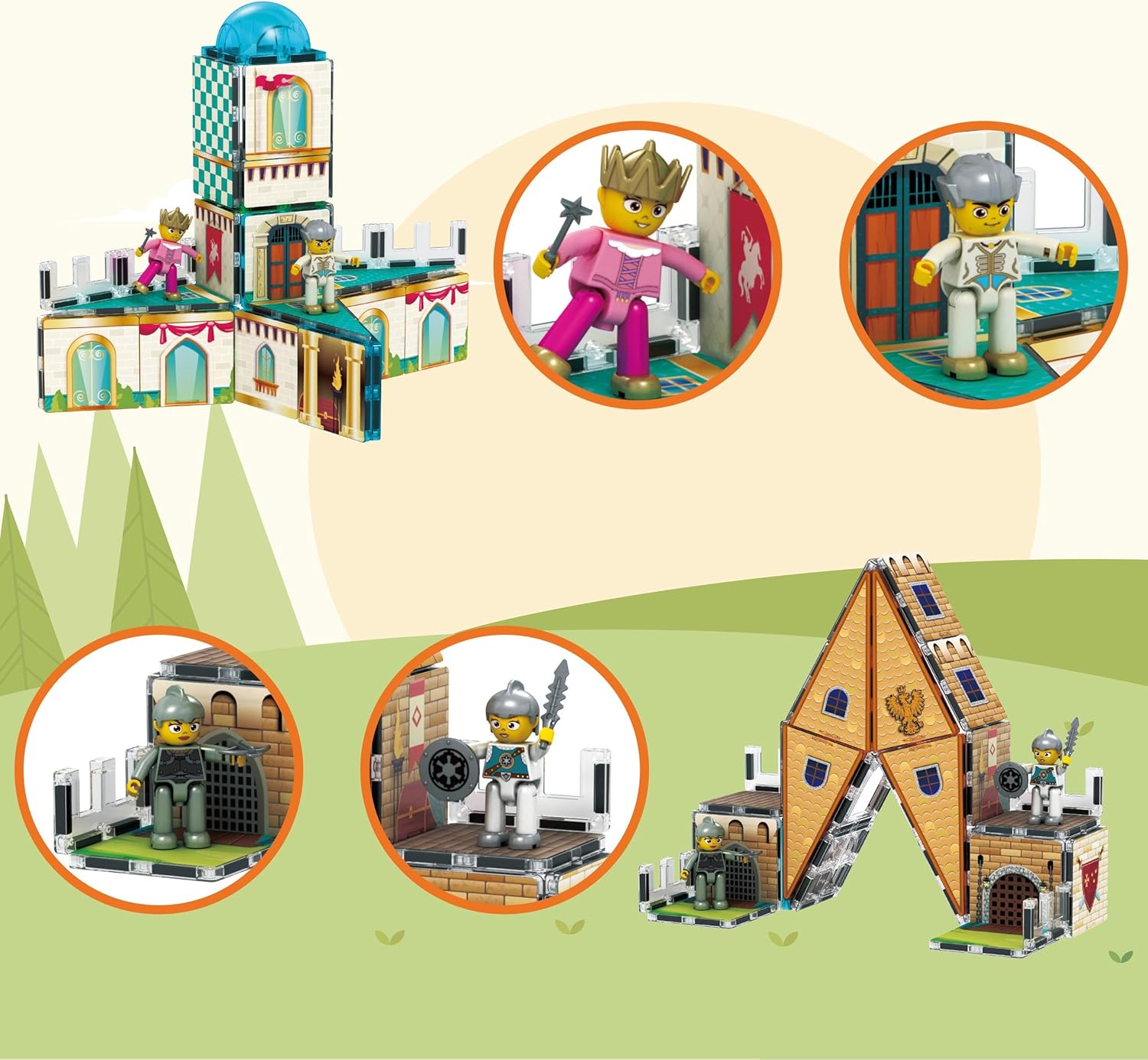 imagePicassoTiles 70pc Middle Age Medieval and Castle Theme Tile 2in1 8 Character Action Figures Magnet Tiles Building Block Pretend Magnetic Play Fine Motor Skill STEM Educational Construction Age3 PTQ01