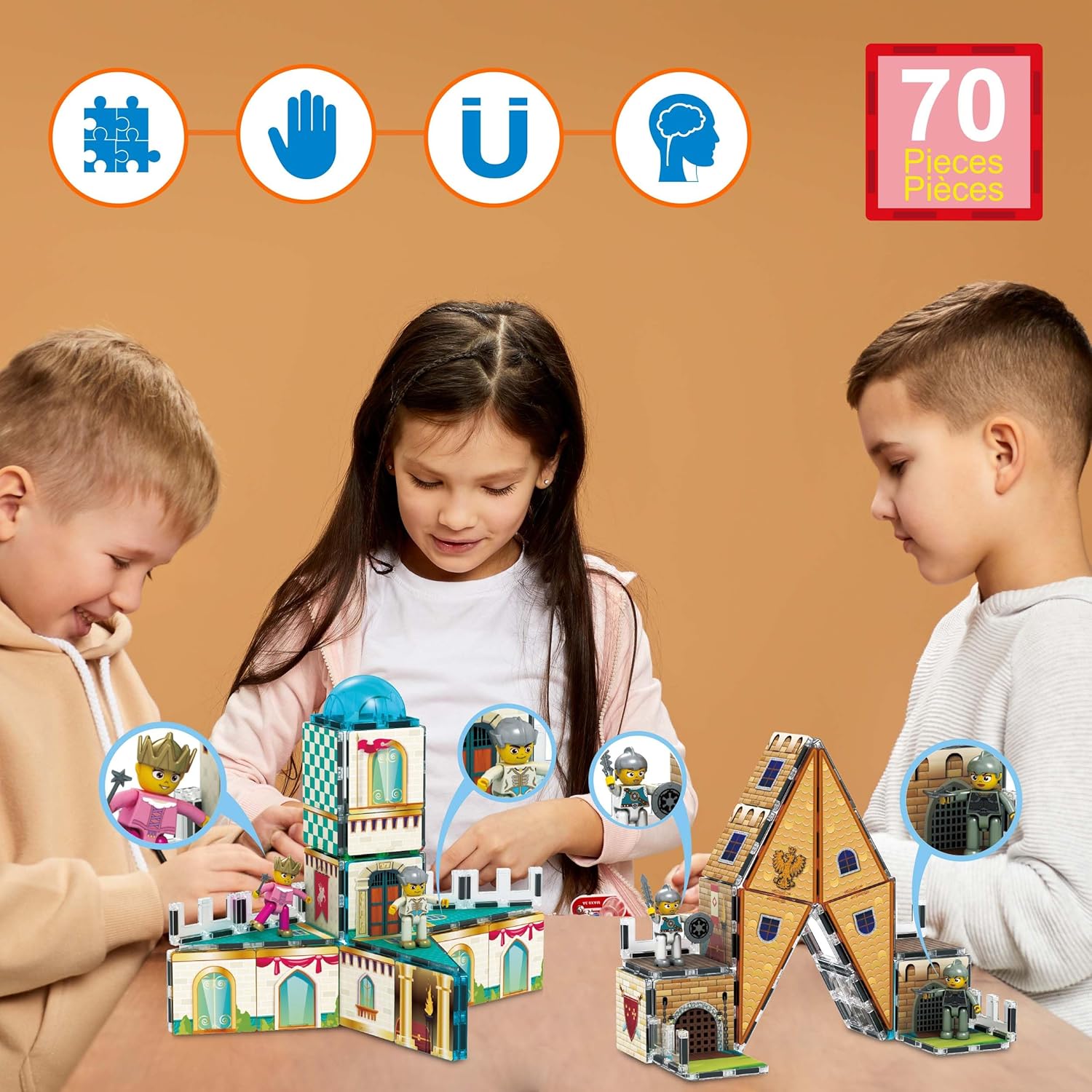 imagePicassoTiles 70pc Middle Age Medieval and Castle Theme Tile 2in1 8 Character Action Figures Magnet Tiles Building Block Pretend Magnetic Play Fine Motor Skill STEM Educational Construction Age3 PTQ01