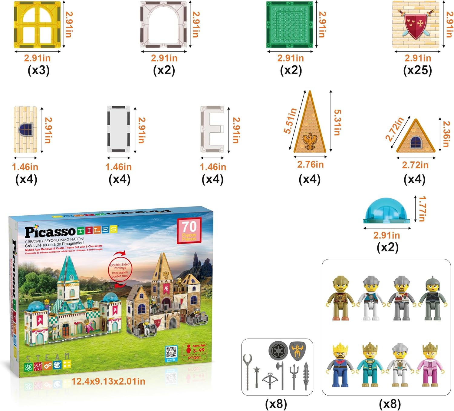 imagePicassoTiles 70pc Middle Age Medieval and Castle Theme Tile 2in1 8 Character Action Figures Magnet Tiles Building Block Pretend Magnetic Play Fine Motor Skill STEM Educational Construction Age3 PTQ01