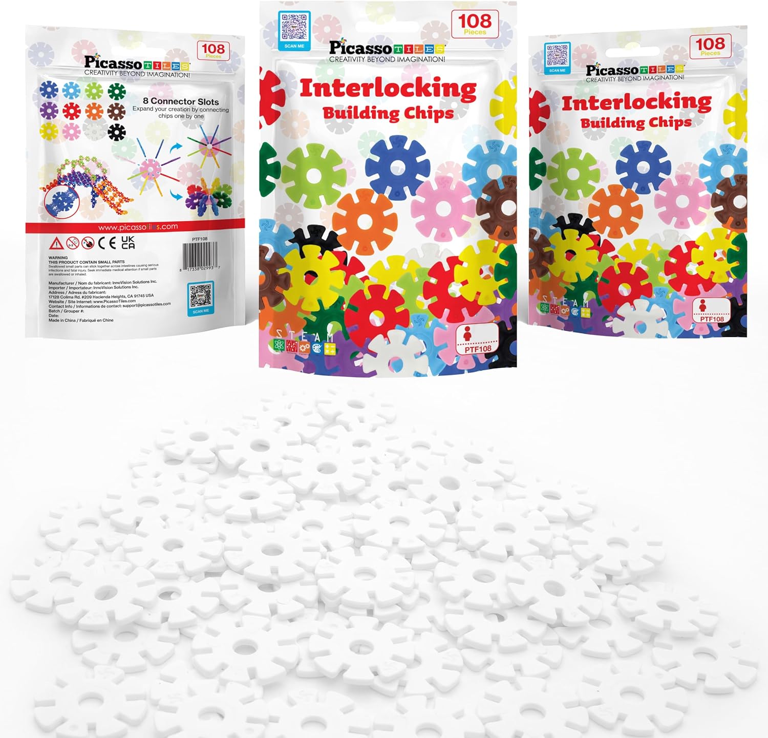 imagePicassoTiles Building Chip Interlocking Disc Construction Blocks in White Color STEM Learning Early Education Toy Engineering Playset Child Brain Development for Toddlers Girls Boys Kids Age 3 PTF108