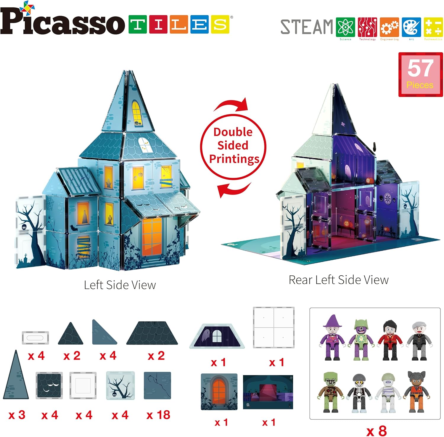 imagePicassoTiles Haunted House Theme Magnet Tile Building Blocks 8 Action Figures Magnetic Construction Toy Double Sided Printing Education STEM Learning Playset Halloween Adventure Kid Ages 3 PTQ03