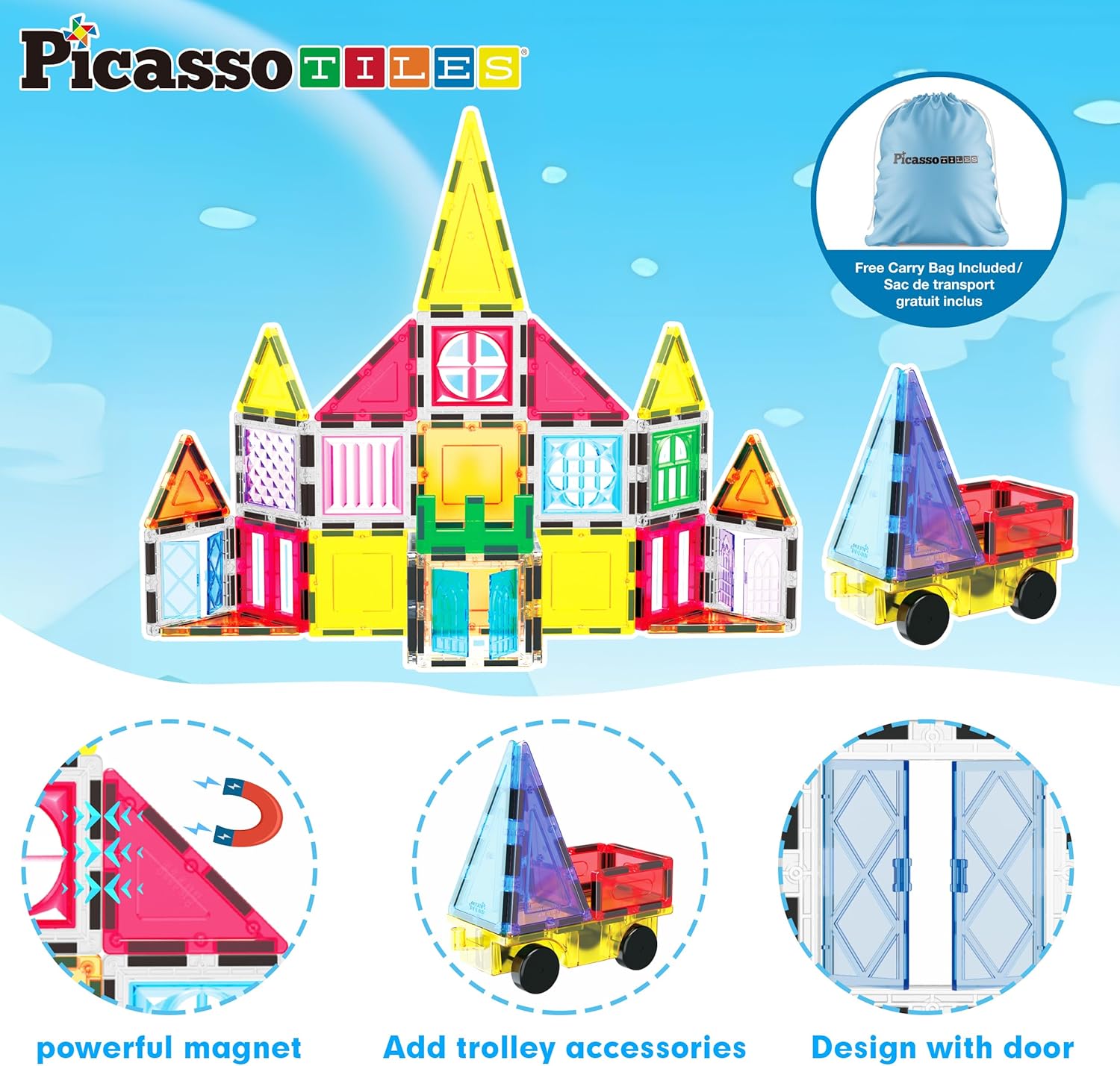 imagePicassoTiles Large Stabilizer Building Block Base Jumbo XL Plate Foundation Kit Magnetic Building Blocks Magnet Tiles Stacking STEM Toy Set101pc with Carry Case