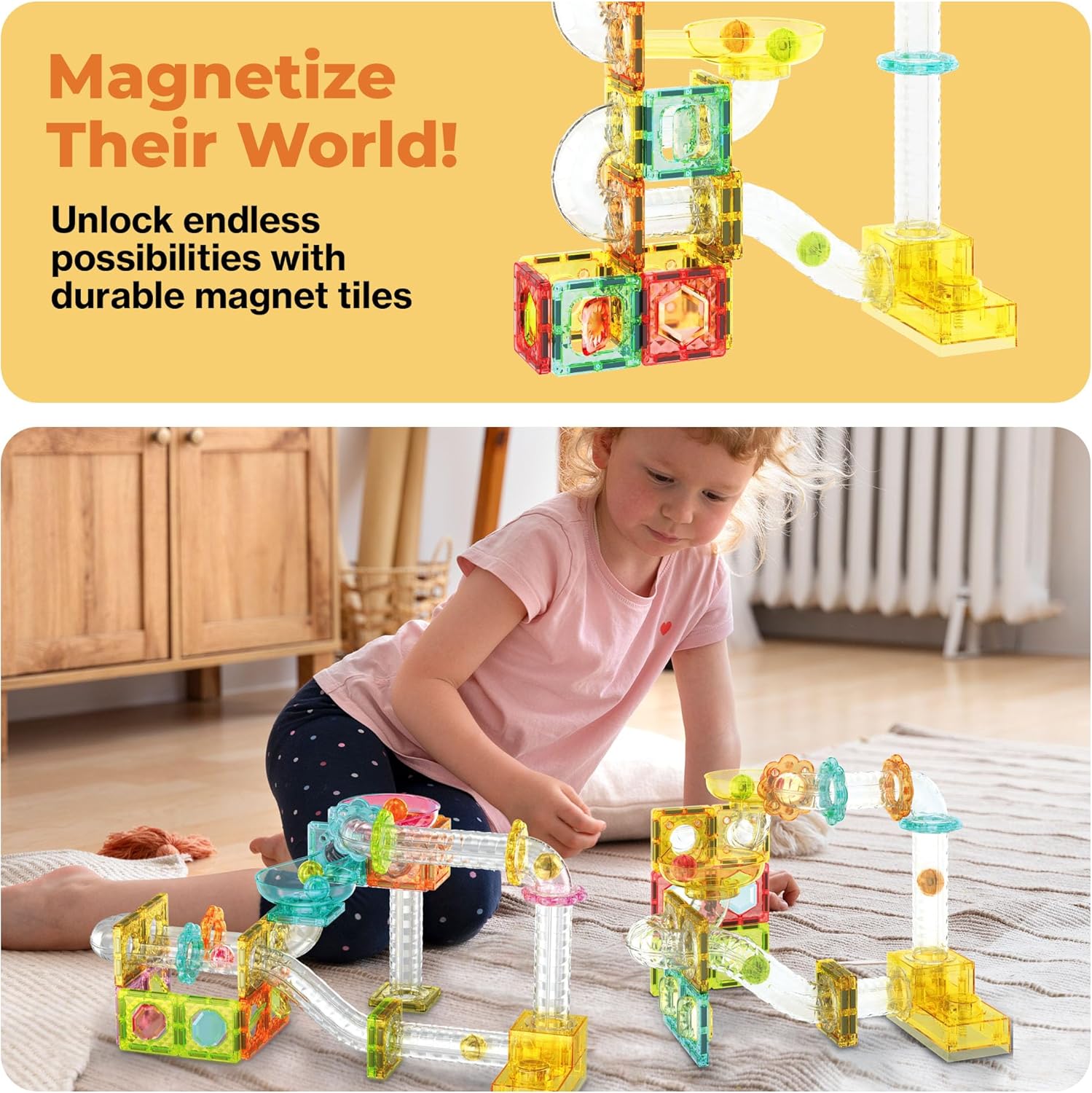 imagePicassoTiles Magnet Tile Building Block 80pc Marble Run Race Track Travel Size Pretend Play Toy With Launcher Lifter STEM Education Learning Magnetic Tiles Construction Kit School Boys Girls 3 PTMG8080pc