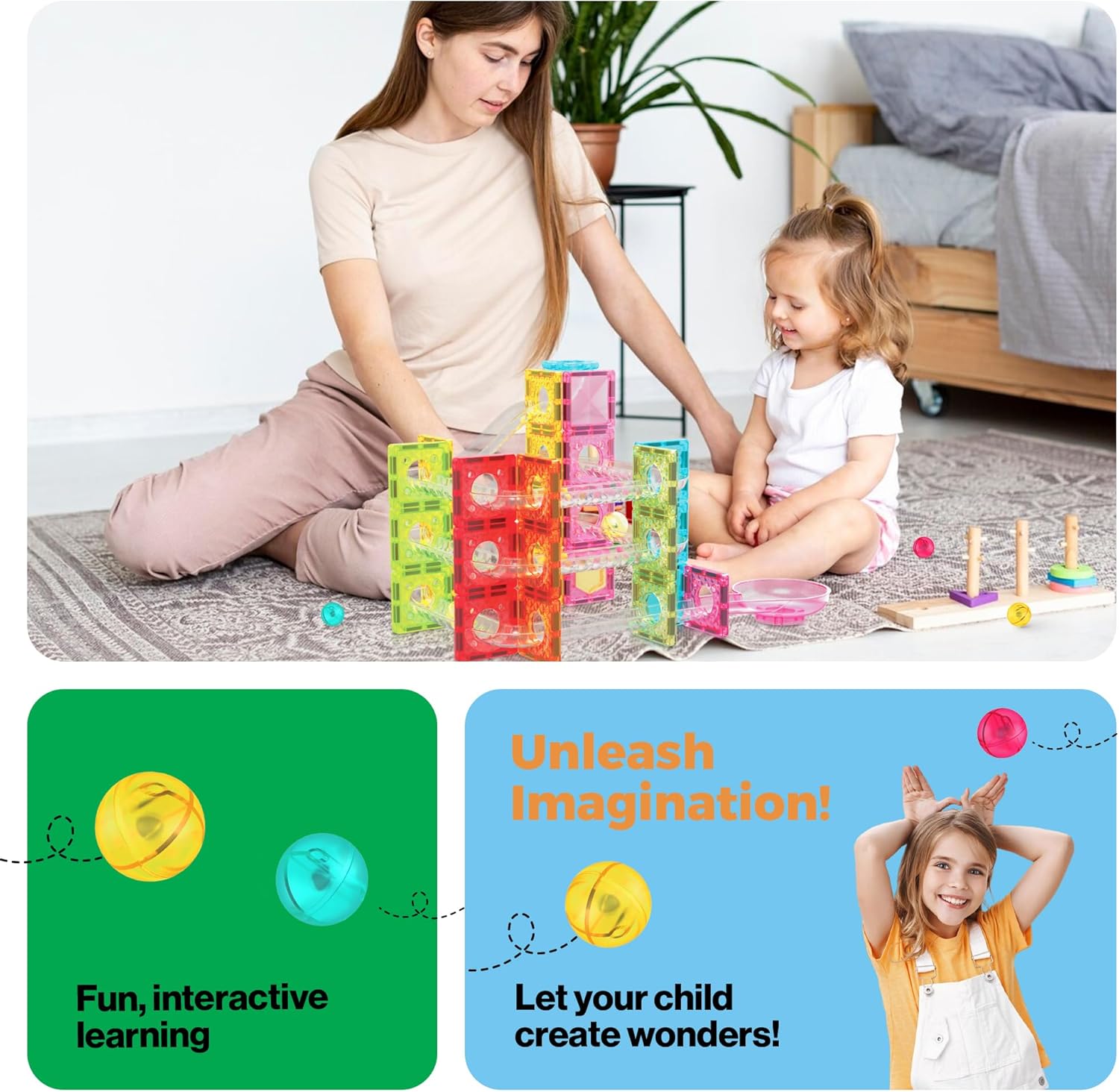 imagePicassoTiles Magnet Tile Building Block 80pc Marble Run Race Track Travel Size Pretend Play Toy With Launcher Lifter STEM Education Learning Magnetic Tiles Construction Kit School Boys Girls 3 PTMG8060pc