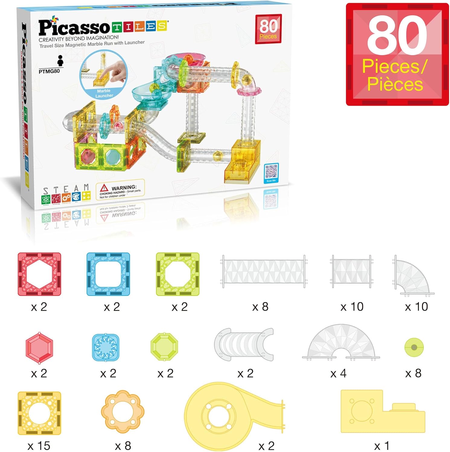 imagePicassoTiles Magnet Tile Building Block 80pc Marble Run Race Track Travel Size Pretend Play Toy With Launcher Lifter STEM Education Learning Magnetic Tiles Construction Kit School Boys Girls 3 PTMG8080pc