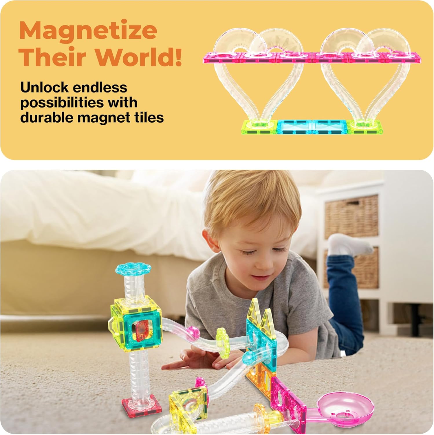 imagePicassoTiles Magnet Tile Building Block 80pc Marble Run Race Track Travel Size Pretend Play Toy With Launcher Lifter STEM Education Learning Magnetic Tiles Construction Kit School Boys Girls 3 PTMG8045pc
