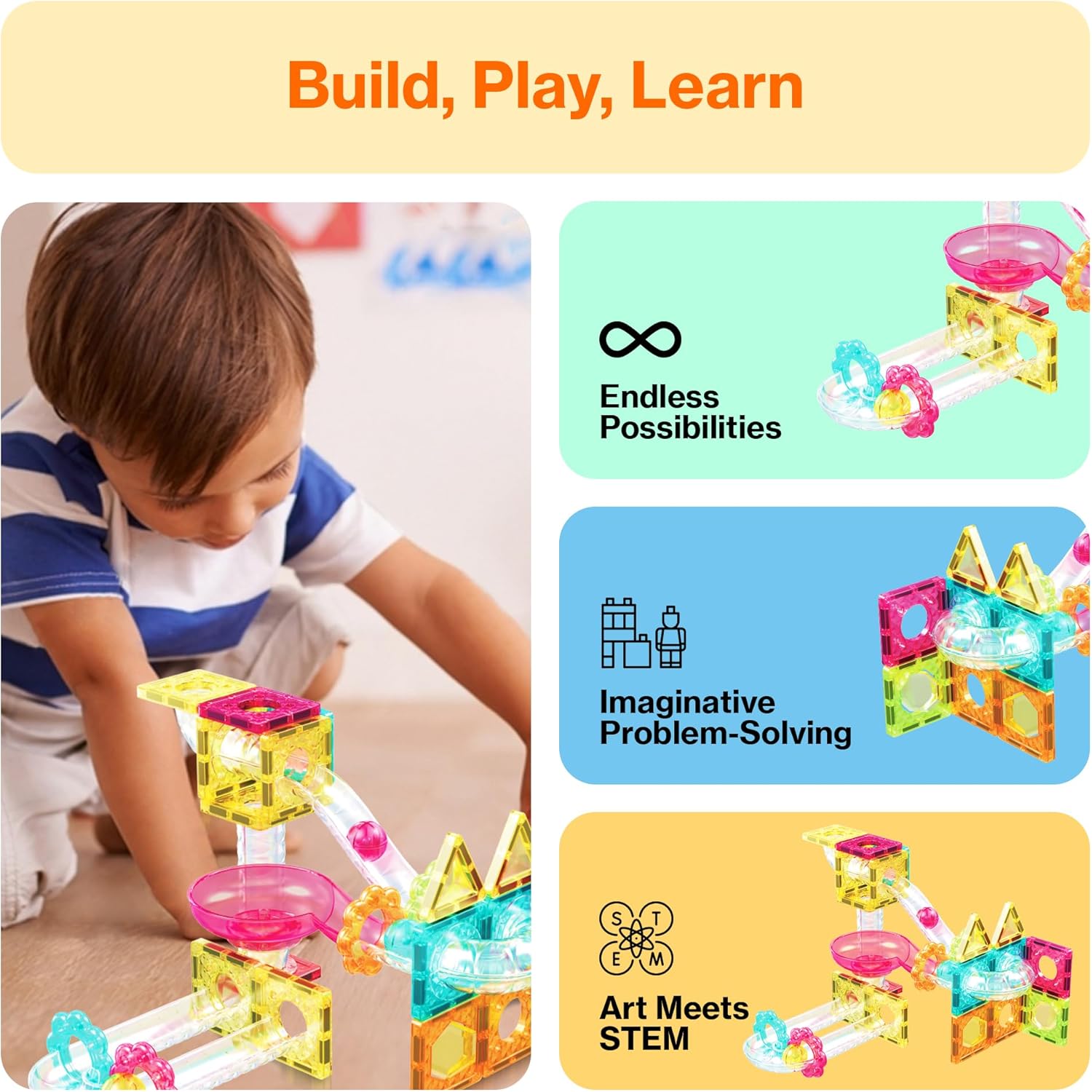 imagePicassoTiles Magnet Tile Building Block 80pc Marble Run Race Track Travel Size Pretend Play Toy With Launcher Lifter STEM Education Learning Magnetic Tiles Construction Kit School Boys Girls 3 PTMG8045pc