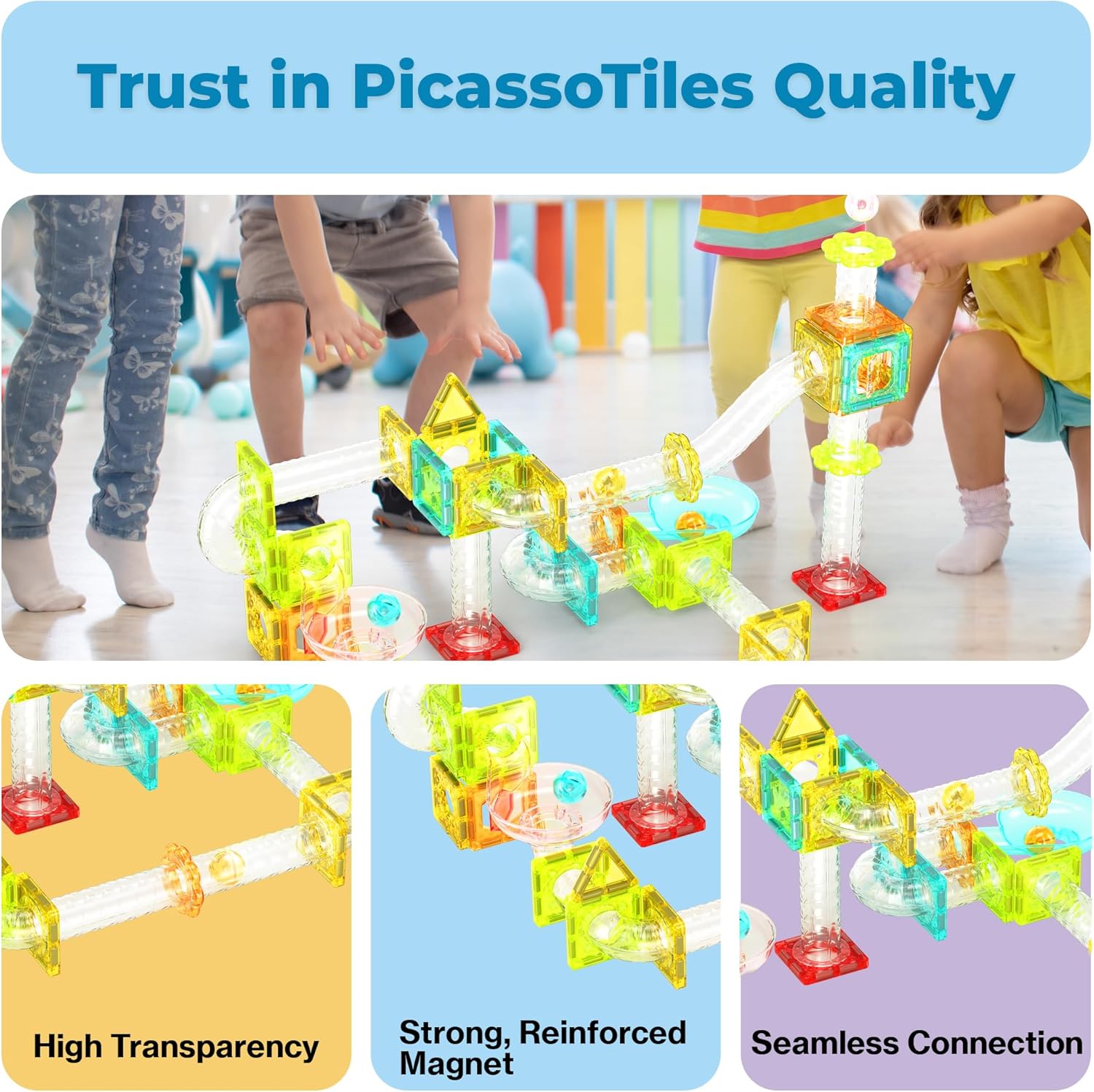 imagePicassoTiles Magnet Tile Building Block 80pc Marble Run Race Track Travel Size Pretend Play Toy With Launcher Lifter STEM Education Learning Magnetic Tiles Construction Kit School Boys Girls 3 PTMG8045pc