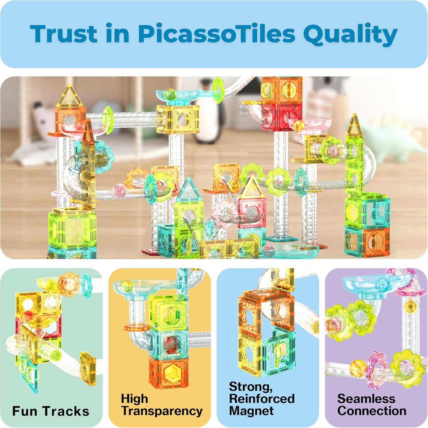 imagePicassoTiles Magnet Tile Building Block 80pc Marble Run Race Track Travel Size Pretend Play Toy With Launcher Lifter STEM Education Learning Magnetic Tiles Construction Kit School Boys Girls 3 PTMG8060pc