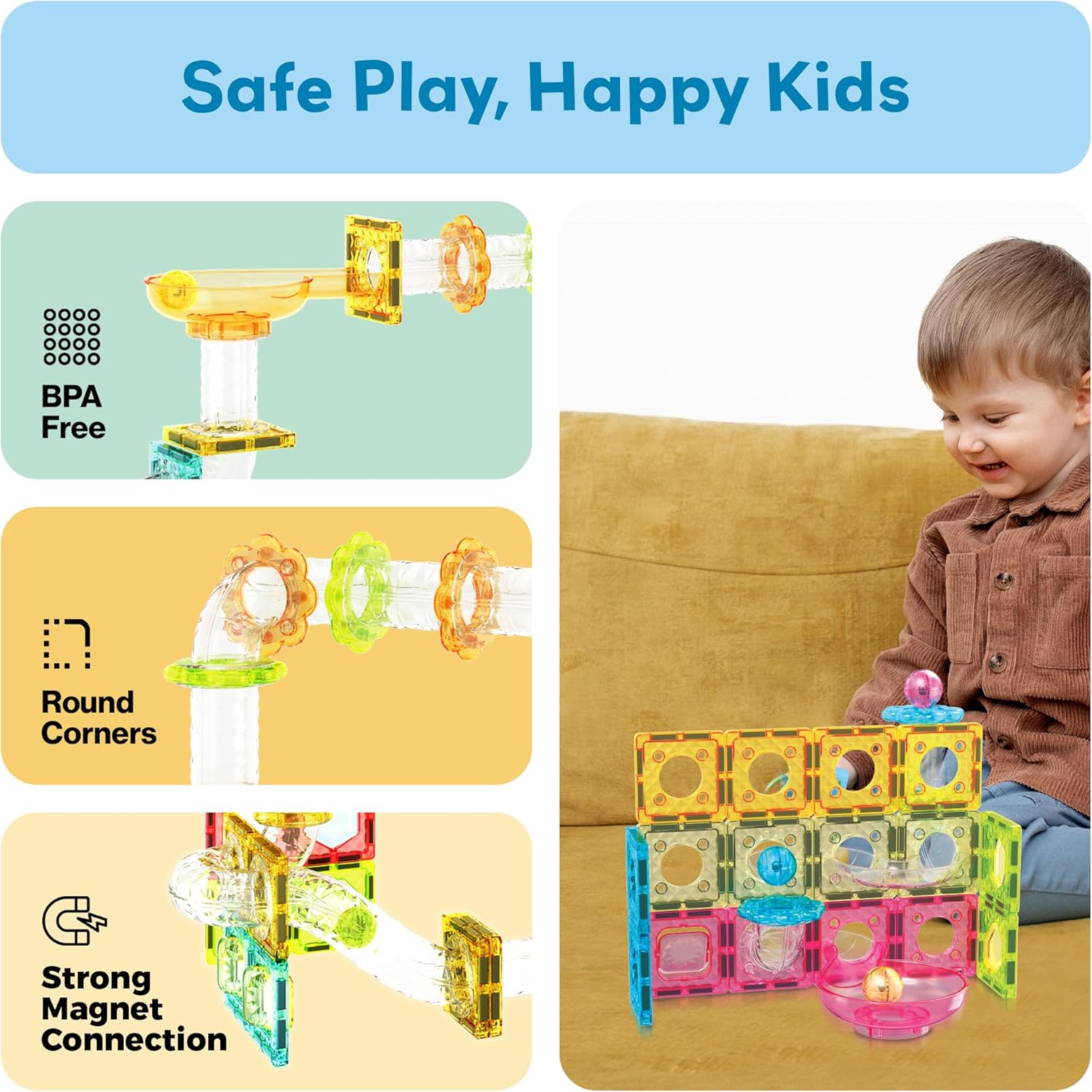 imagePicassoTiles Magnet Tile Building Block 80pc Marble Run Race Track Travel Size Pretend Play Toy With Launcher Lifter STEM Education Learning Magnetic Tiles Construction Kit School Boys Girls 3 PTMG8060pc