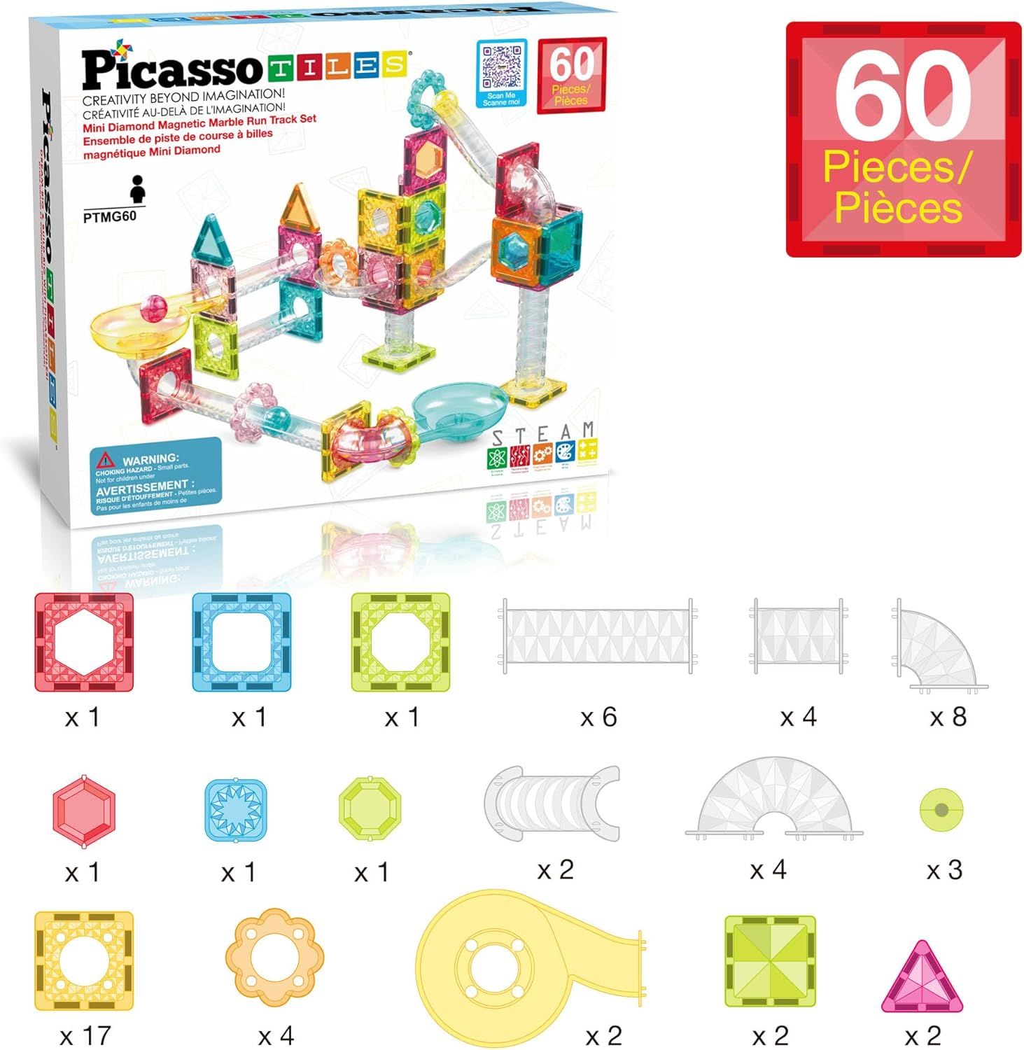 imagePicassoTiles Magnet Tile Building Block 80pc Marble Run Race Track Travel Size Pretend Play Toy With Launcher Lifter STEM Education Learning Magnetic Tiles Construction Kit School Boys Girls 3 PTMG8060pc