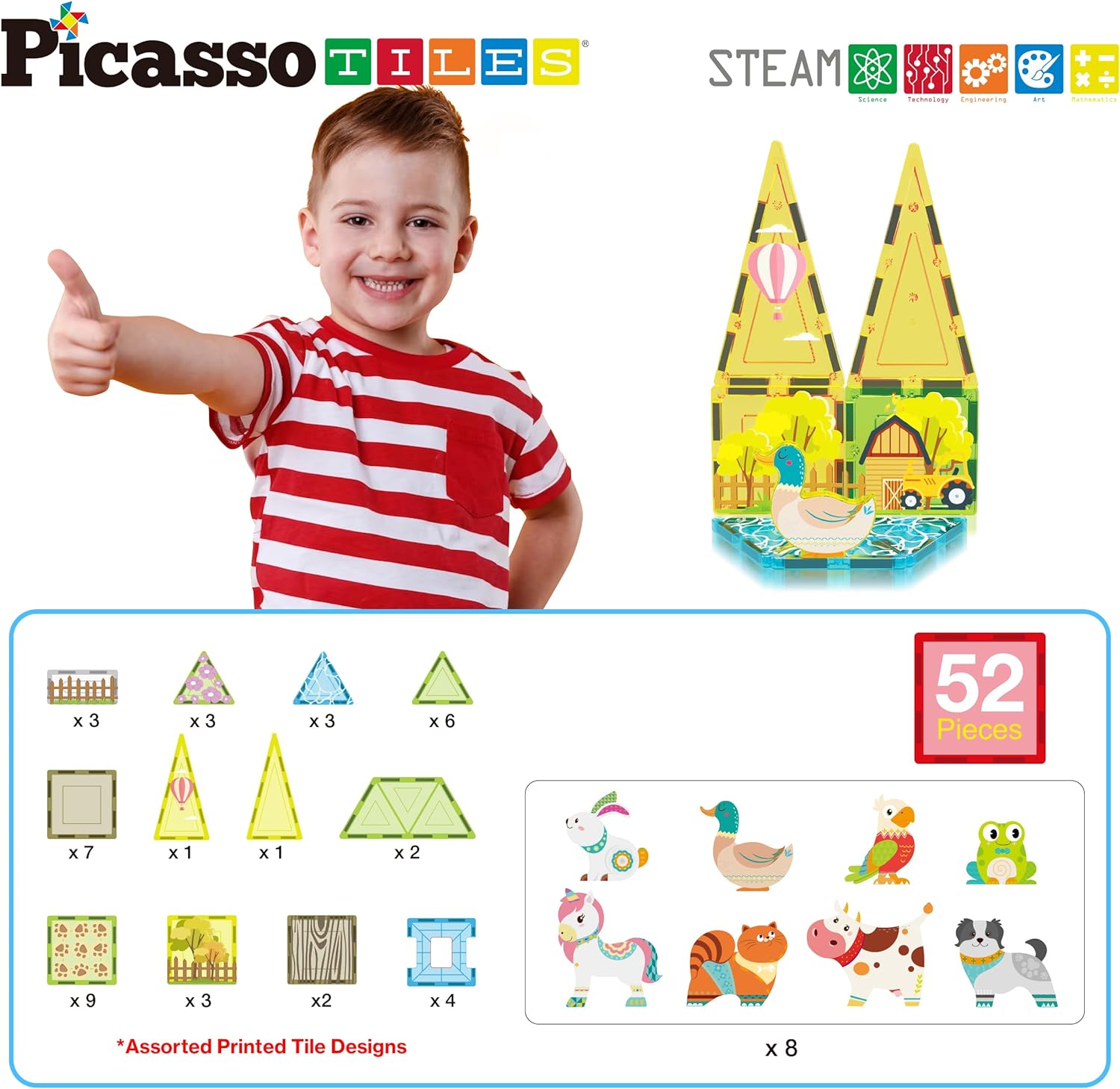 imagePicassoTiles Magnet Tile Building Block Safari Themed Set with 8 Compatible Magnetized Animal Action Figures Build Blocks Toddler Creativity Toys STEAM Educational Learning Skills Ages 3 PTQ12Farm