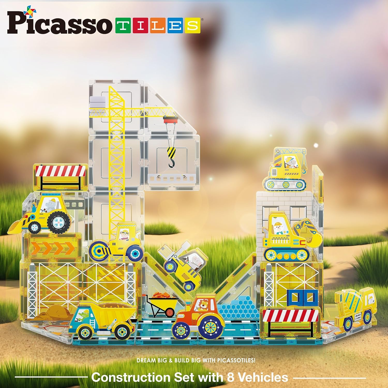 imagePicassoTiles Magnet Tile Building Block Safari Themed Set with 8 Compatible Magnetized Animal Action Figures Build Blocks Toddler Creativity Toys STEAM Educational Learning Skills Ages 3 PTQ12Truck Theme