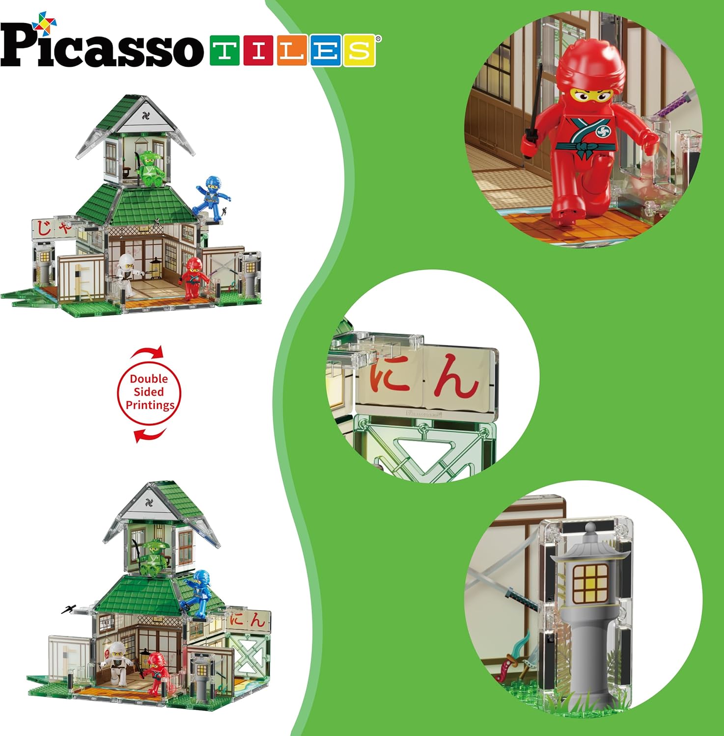 imagePicassoTiles Magnet Tile Building Blocks Ninja Dojo House Theme STEM Playset with 4 Character Action Figure Ninjas Weapon Accessories Magnetic Tiles Educational Toy Pretend Play Toddlers Ages 3 PTQ07