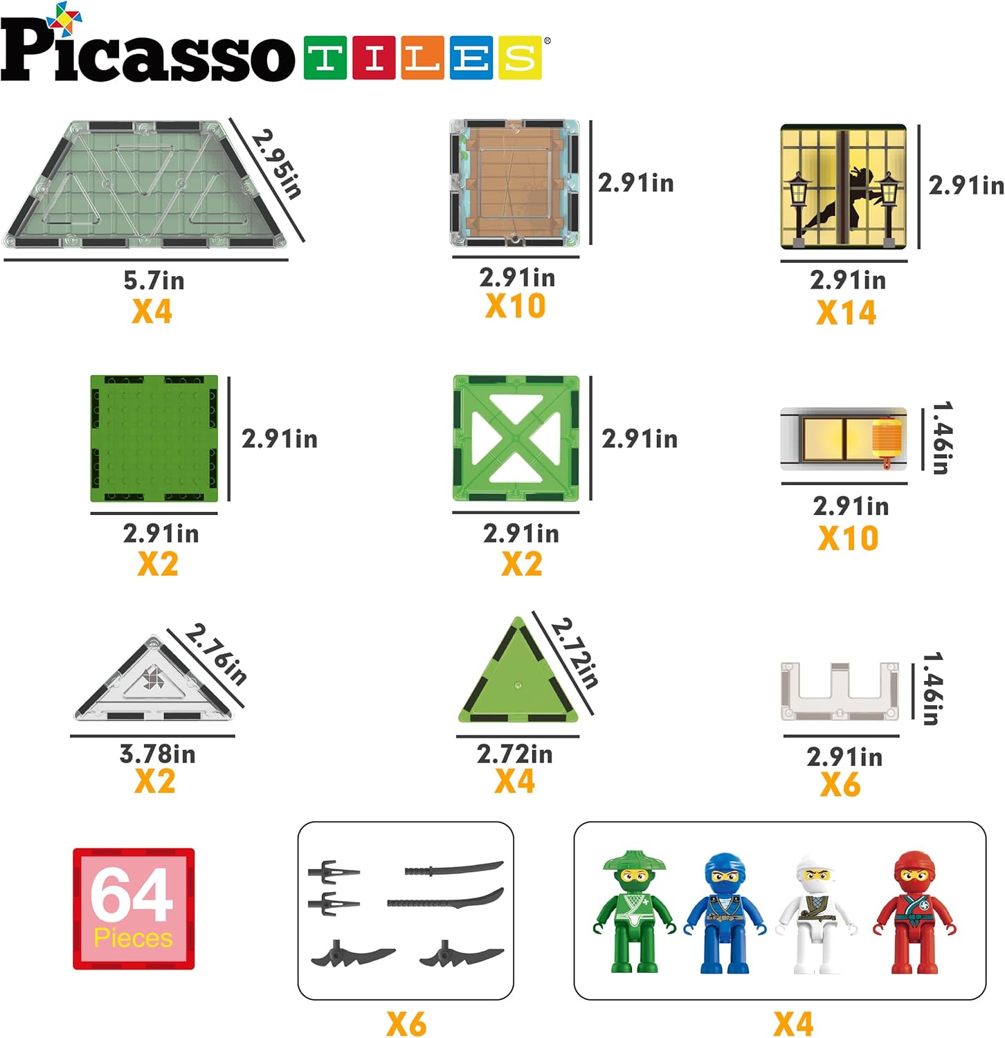 imagePicassoTiles Magnet Tile Building Blocks Ninja Dojo House Theme STEM Playset with 4 Character Action Figure Ninjas Weapon Accessories Magnetic Tiles Educational Toy Pretend Play Toddlers Ages 3 PTQ07