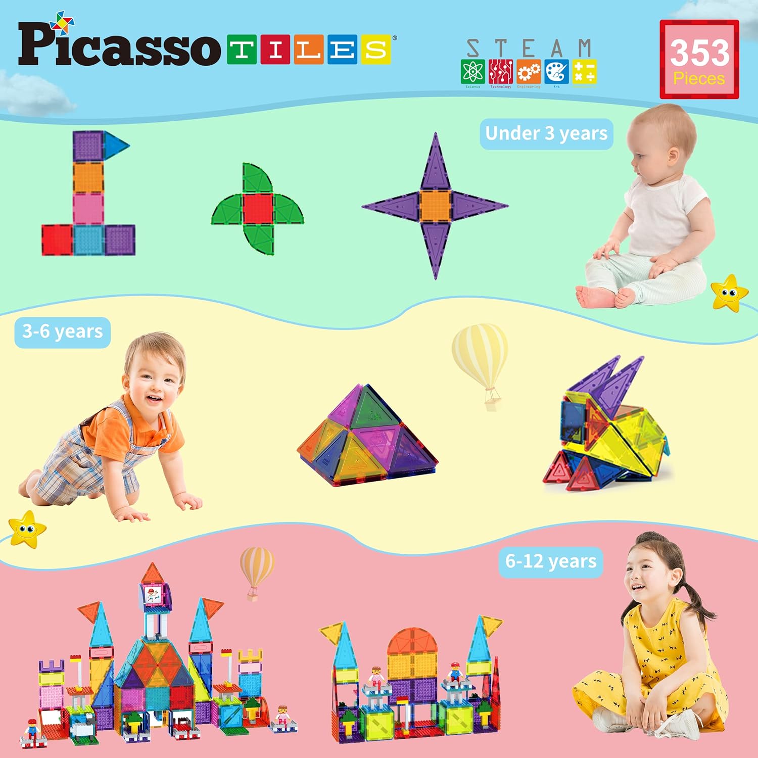 imagePicassoTiles Magnet Tile Building Brick Blocks Military Combat Force Theme Magnetic Tiles Construction Block Playset 4 Character Action Figures with Weapons Interlocking Bricks STEM Toy Ages 3 PTL18353pc