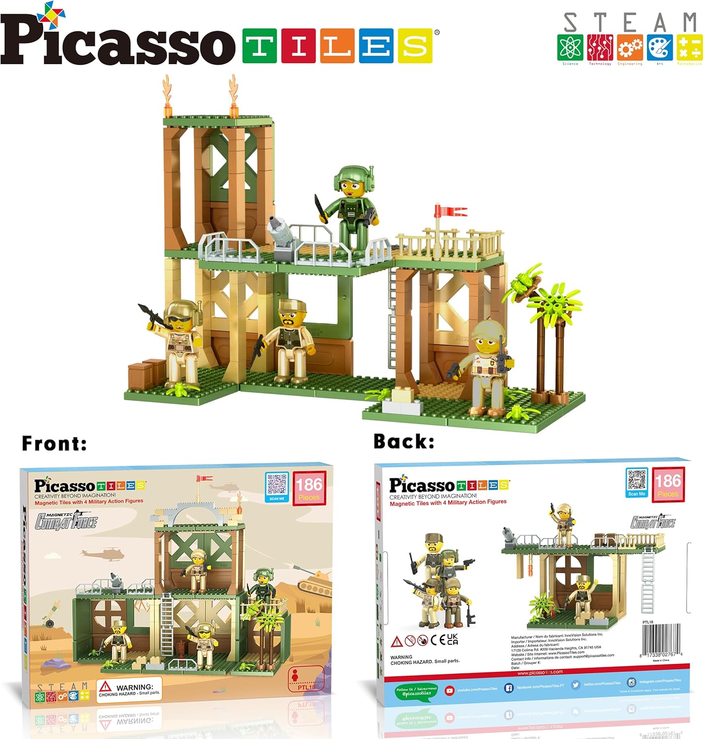 imagePicassoTiles Magnet Tile Building Brick Blocks Military Combat Force Theme Magnetic Tiles Construction Block Playset 4 Character Action Figures with Weapons Interlocking Bricks STEM Toy Ages 3 PTL18186pc
