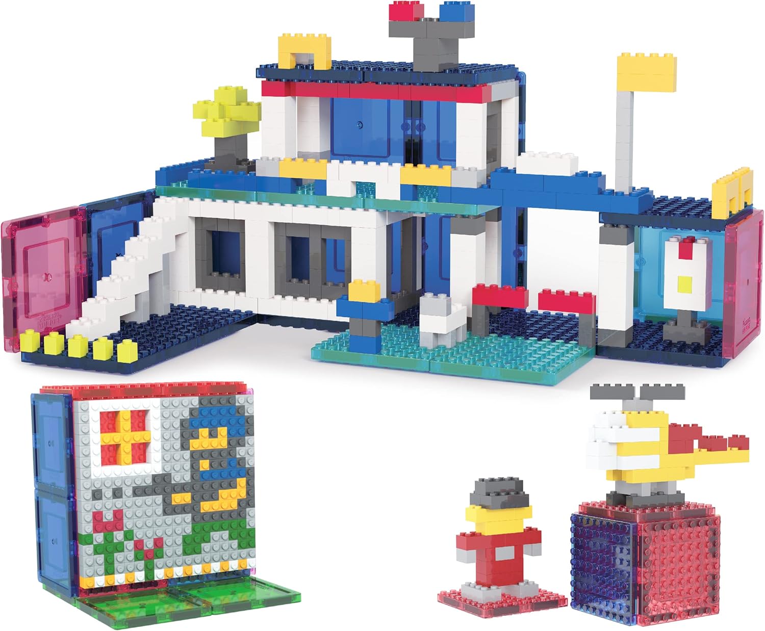 imagePicassoTiles Magnet Tile Building Brick Blocks Military Combat Force Theme Magnetic Tiles Construction Block Playset 4 Character Action Figures with Weapons Interlocking Bricks STEM Toy Ages 3 PTL18512pc