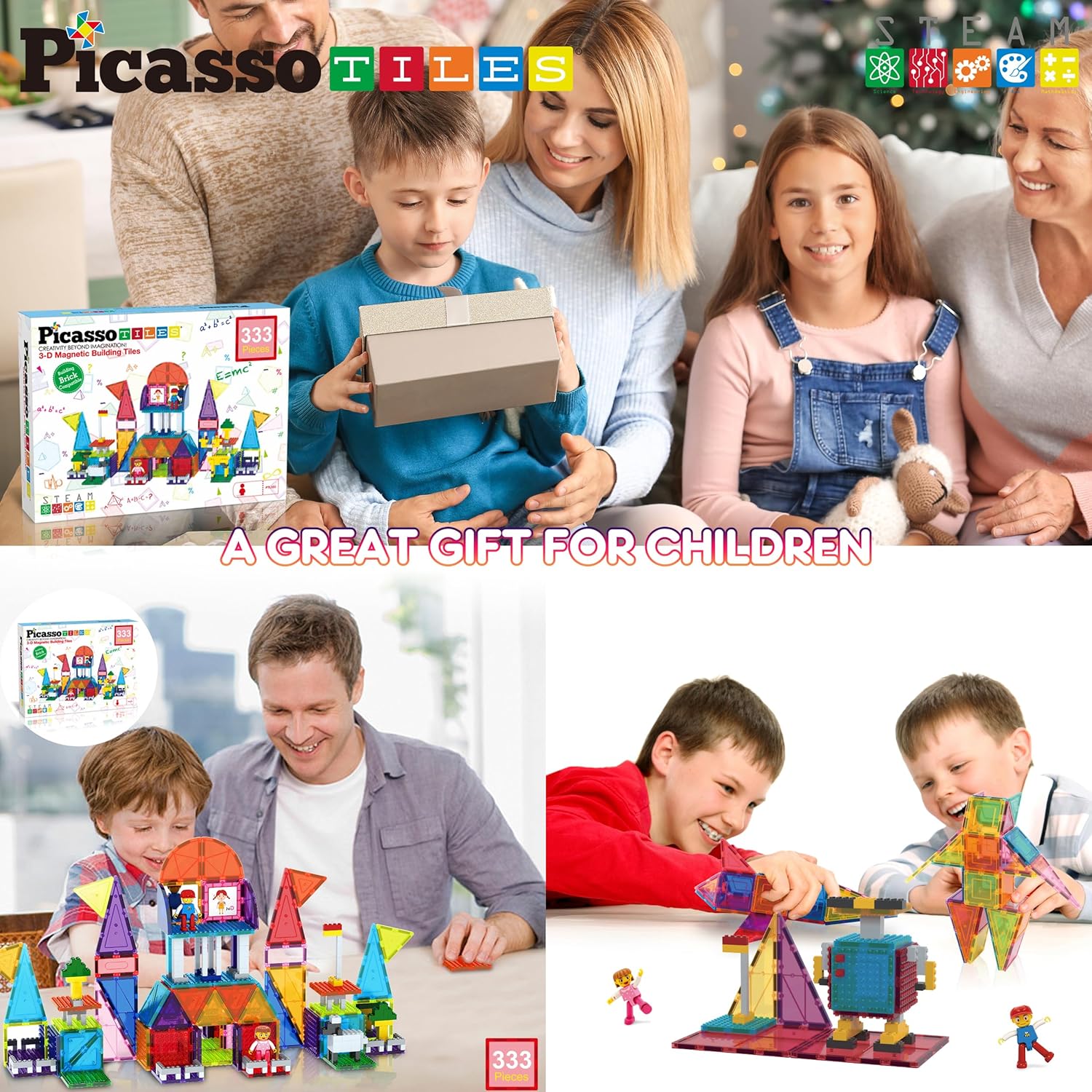 imagePicassoTiles Magnet Tile Building Brick Blocks Military Combat Force Theme Magnetic Tiles Construction Block Playset 4 Character Action Figures with Weapons Interlocking Bricks STEM Toy Ages 3 PTL18333pc
