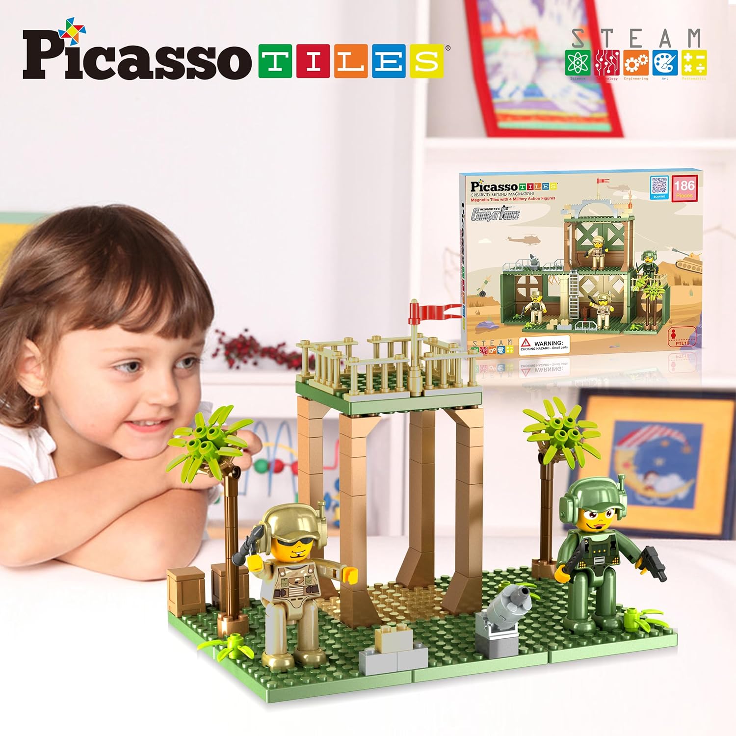 imagePicassoTiles Magnet Tile Building Brick Blocks Military Combat Force Theme Magnetic Tiles Construction Block Playset 4 Character Action Figures with Weapons Interlocking Bricks STEM Toy Ages 3 PTL18186pc