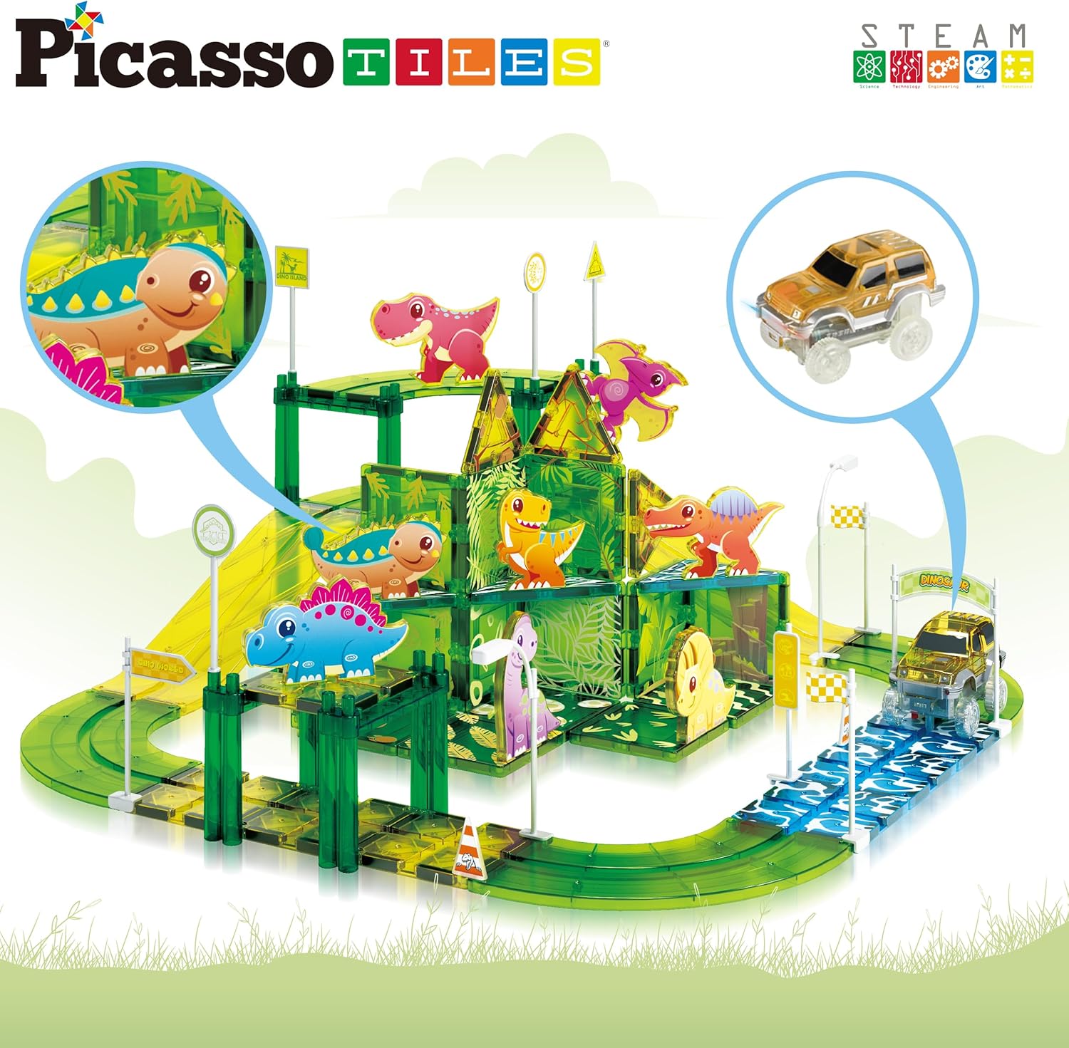 imagePicassoTiles Magnet Tile Car Track Adventure Theme Printed Street Road Runway Speedway Highway Magnetic Building Tiles Block Construction Pretend Play Playset STEM Education Learning Kit Kids 3 PTE1689pc Dinosaur