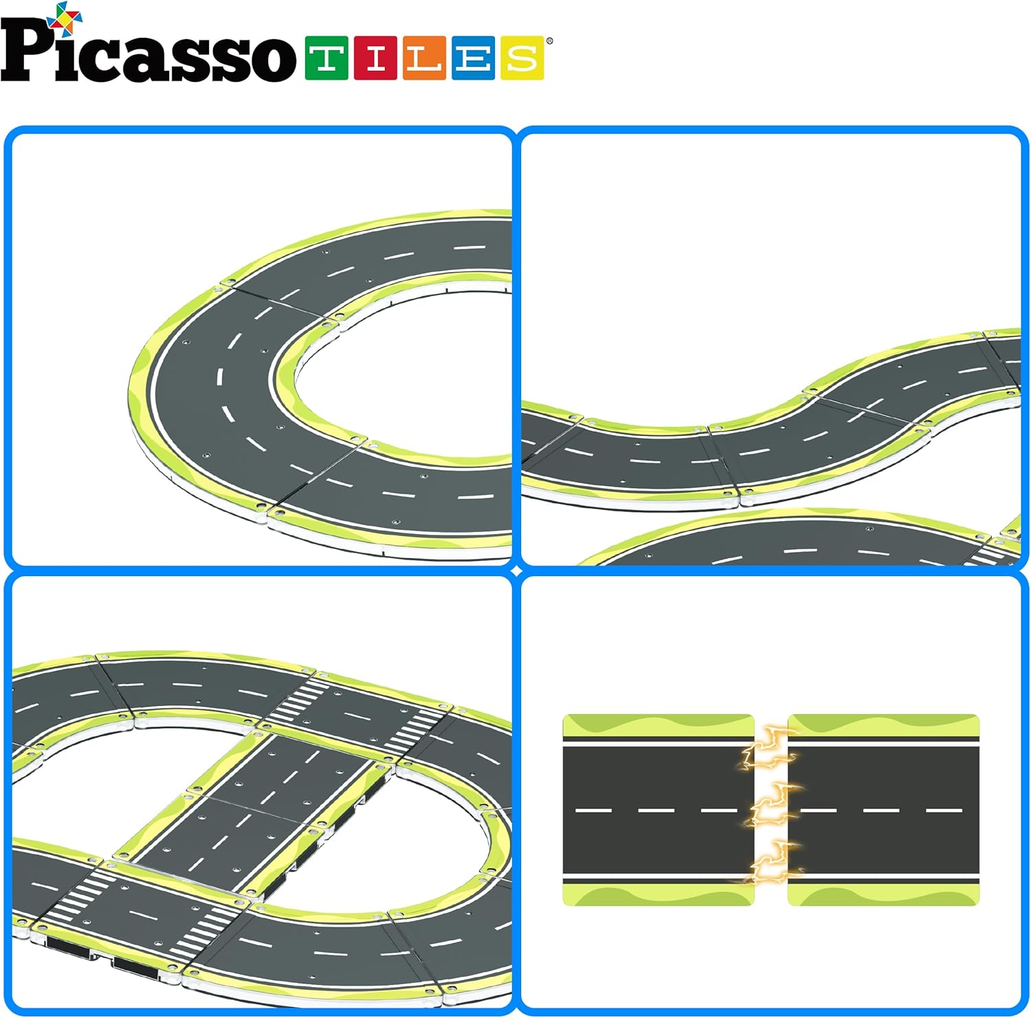 imagePicassoTiles Magnet Tile Car Track Adventure Theme Printed Street Road Runway Speedway Highway Magnetic Building Tiles Block Construction Pretend Play Playset STEM Education Learning Kit Kids 3 PTE16speedway