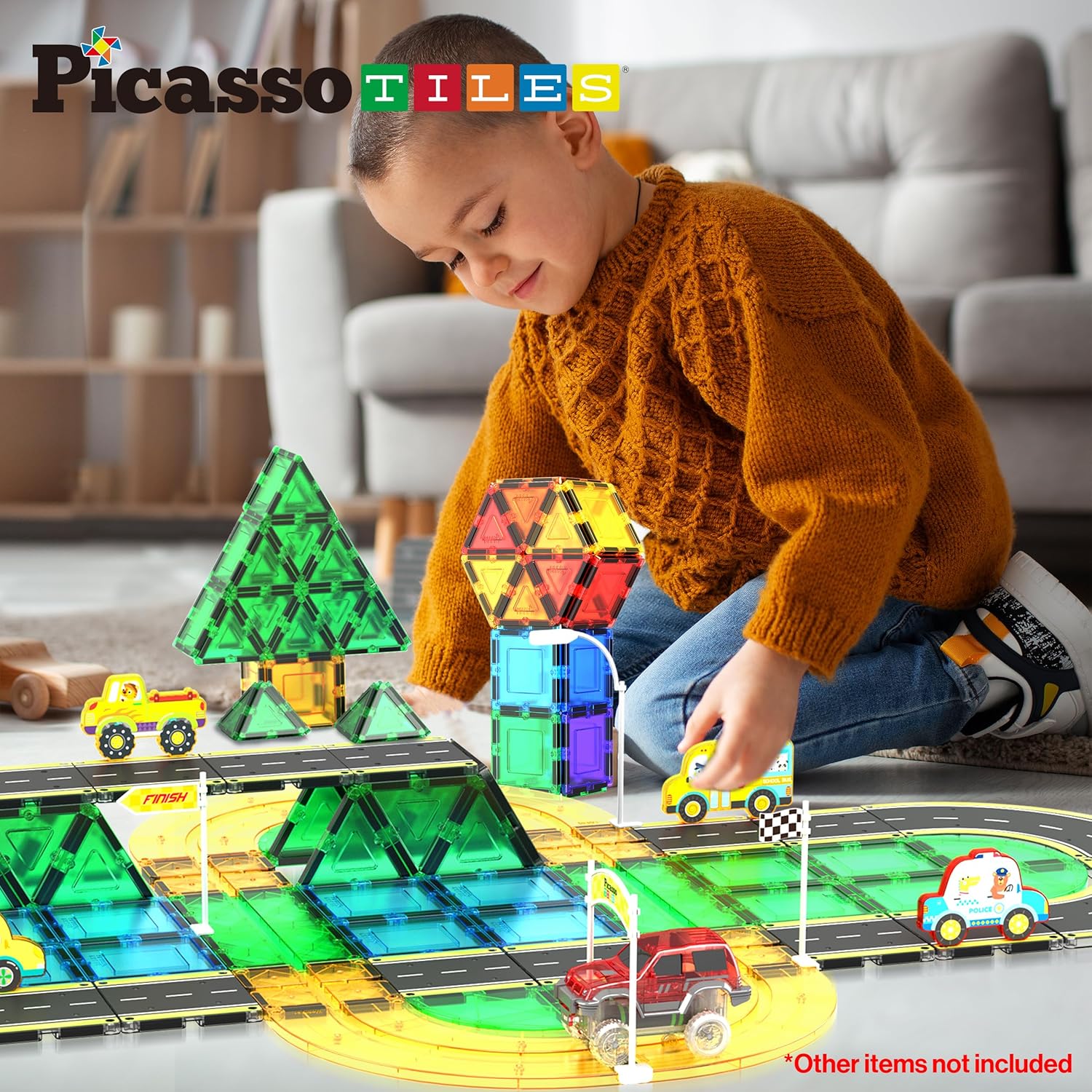 imagePicassoTiles Magnet Tile Car Track Adventure Theme Printed Street Road Runway Speedway Highway Magnetic Building Tiles Block Construction Pretend Play Playset STEM Education Learning Kit Kids 3 PTE16speedway