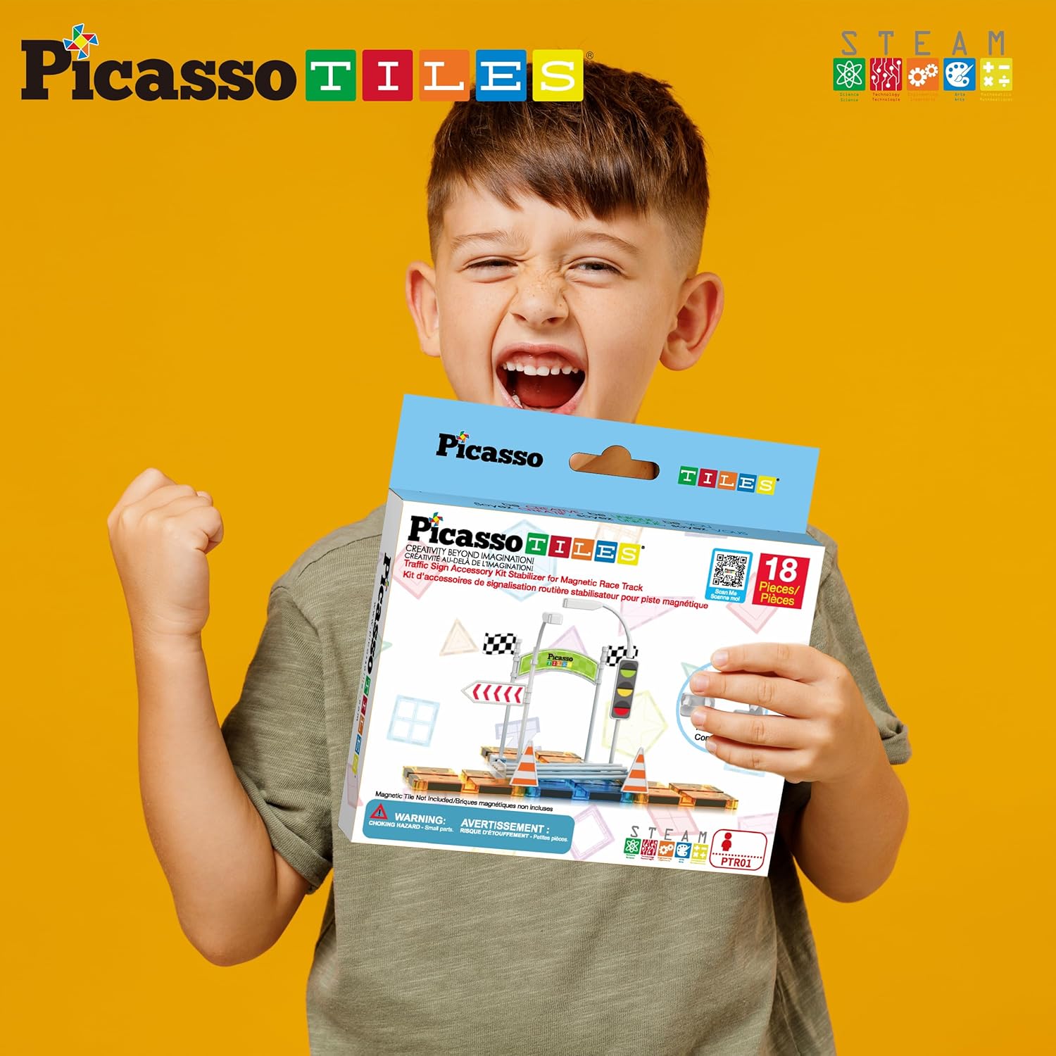 imagePicassoTiles Magnet Tile Car Track Adventure Theme Printed Street Road Runway Speedway Highway Magnetic Building Tiles Block Construction Pretend Play Playset STEM Education Learning Kit Kids 3 PTE16Traffic Sign