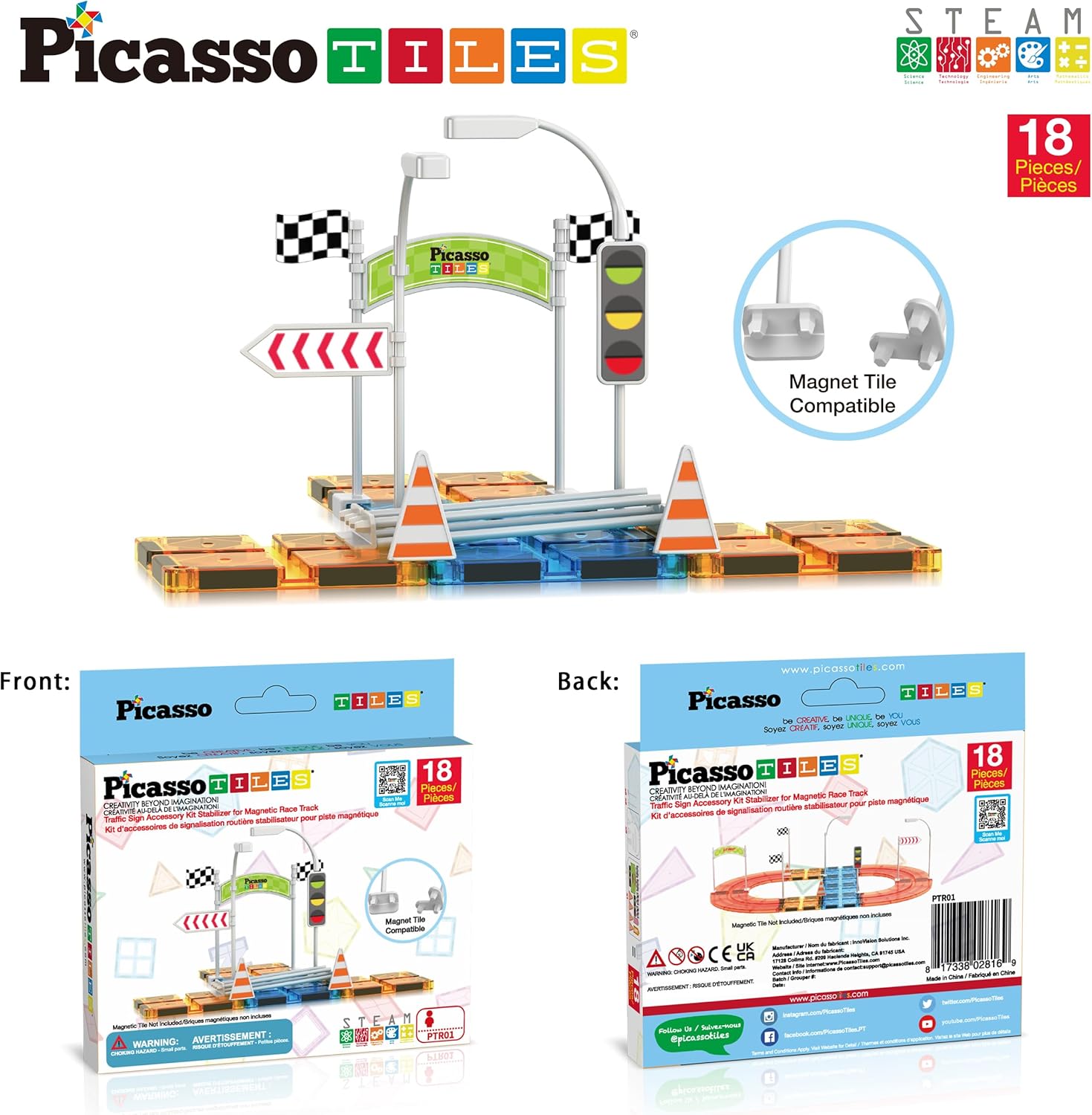 imagePicassoTiles Magnet Tile Car Track Adventure Theme Printed Street Road Runway Speedway Highway Magnetic Building Tiles Block Construction Pretend Play Playset STEM Education Learning Kit Kids 3 PTE16Traffic Sign