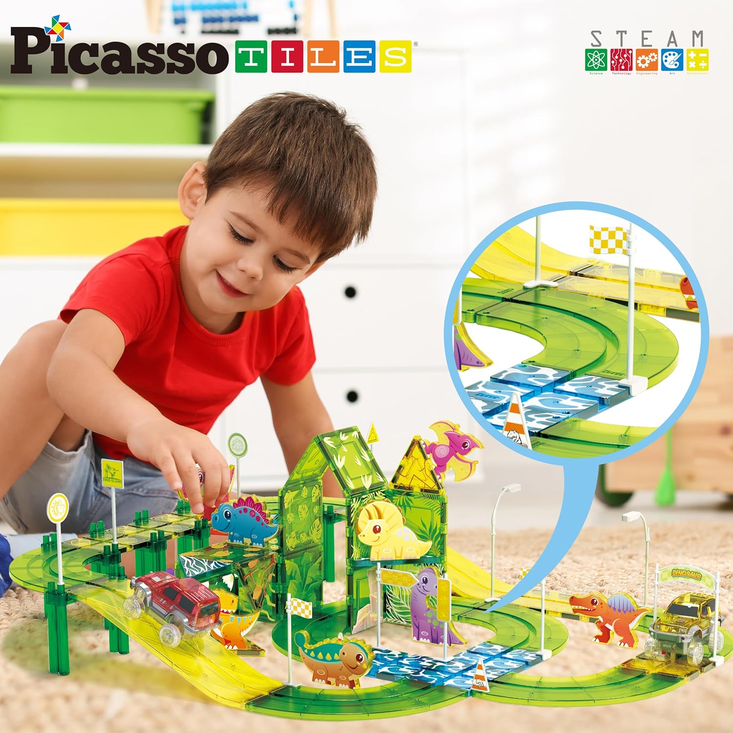 imagePicassoTiles Magnet Tile Car Track Adventure Theme Printed Street Road Runway Speedway Highway Magnetic Building Tiles Block Construction Pretend Play Playset STEM Education Learning Kit Kids 3 PTE1689pc Dinosaur