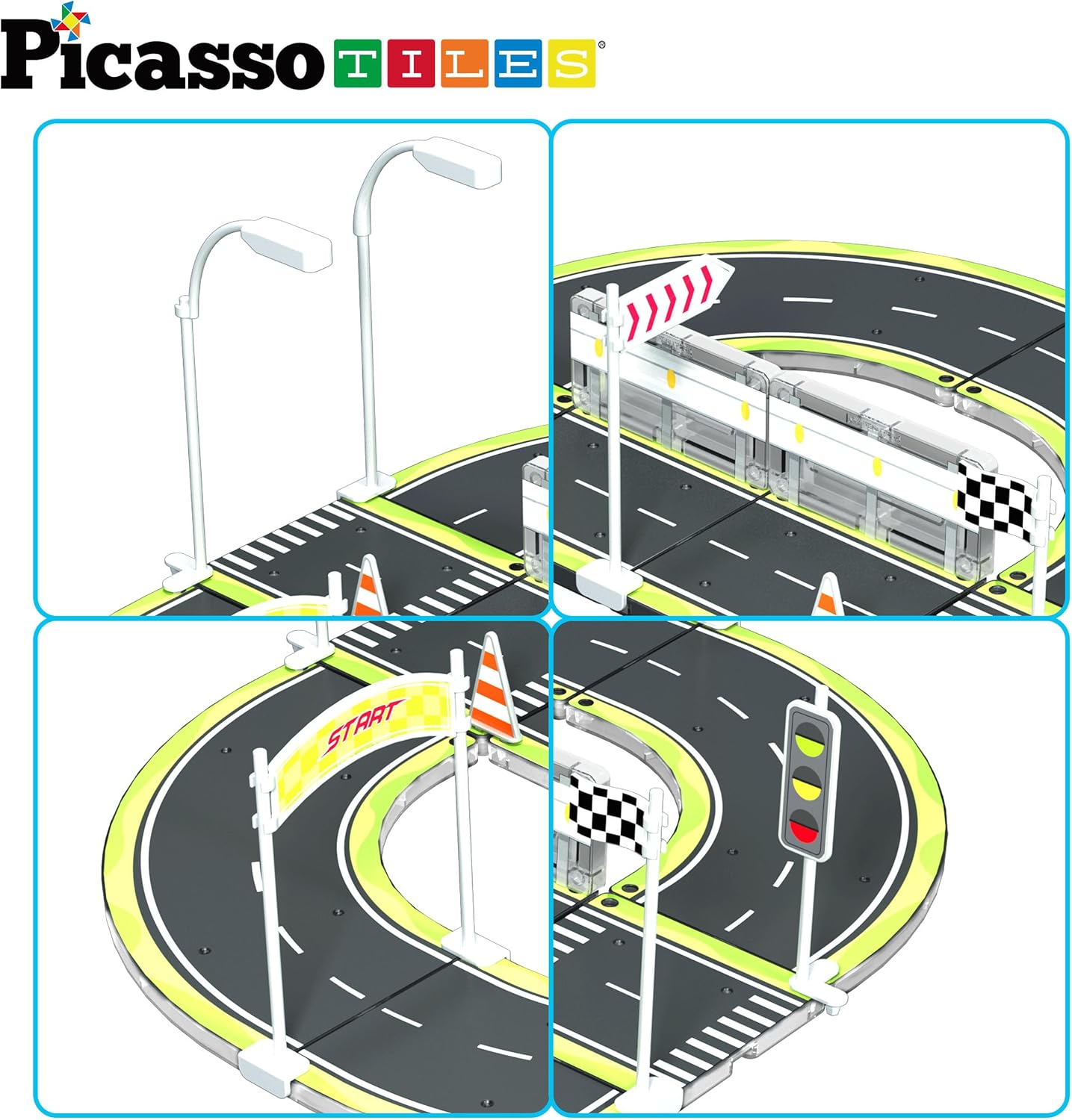 imagePicassoTiles Magnet Tile Car Track Adventure Theme Printed Street Road Runway Speedway Highway Magnetic Building Tiles Block Construction Pretend Play Playset STEM Education Learning Kit Kids 3 PTE16Road w Sign