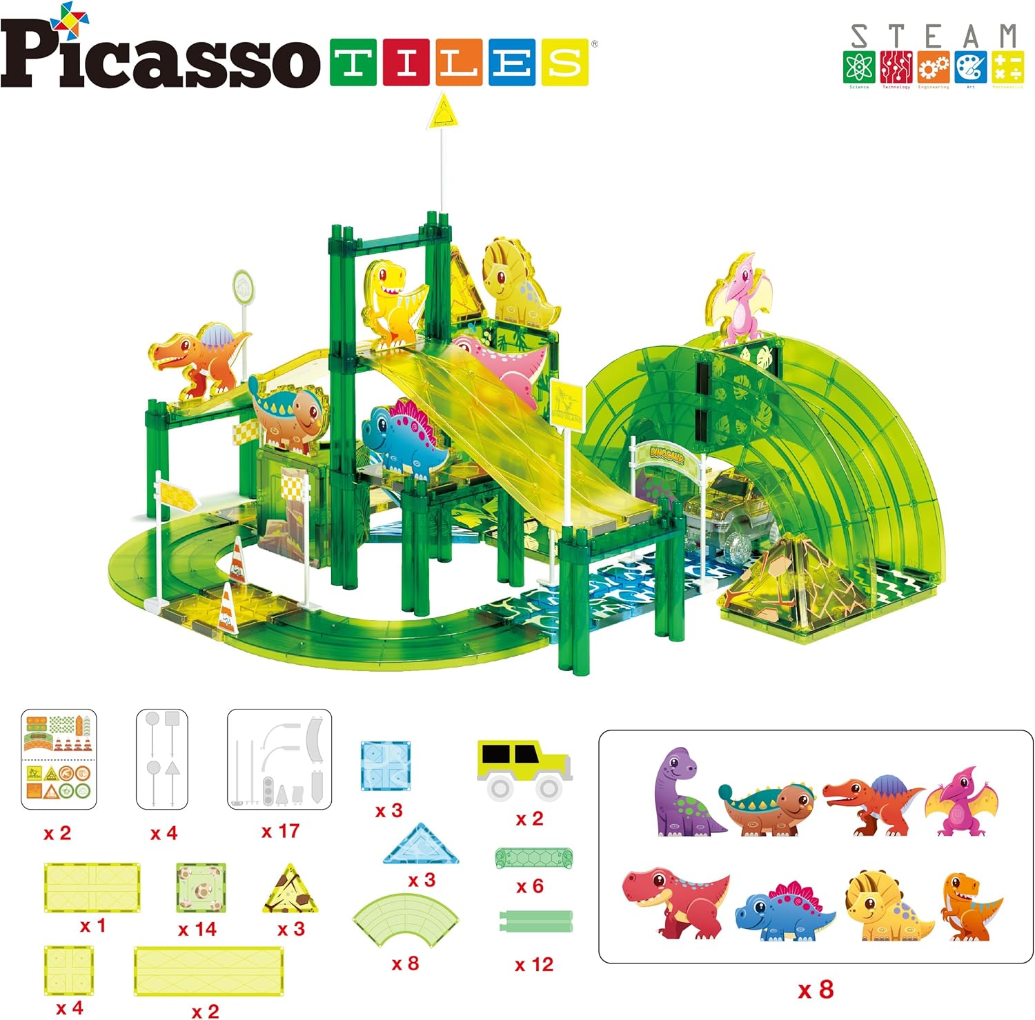 imagePicassoTiles Magnet Tile Car Track Adventure Theme Printed Street Road Runway Speedway Highway Magnetic Building Tiles Block Construction Pretend Play Playset STEM Education Learning Kit Kids 3 PTE1689pc Dinosaur