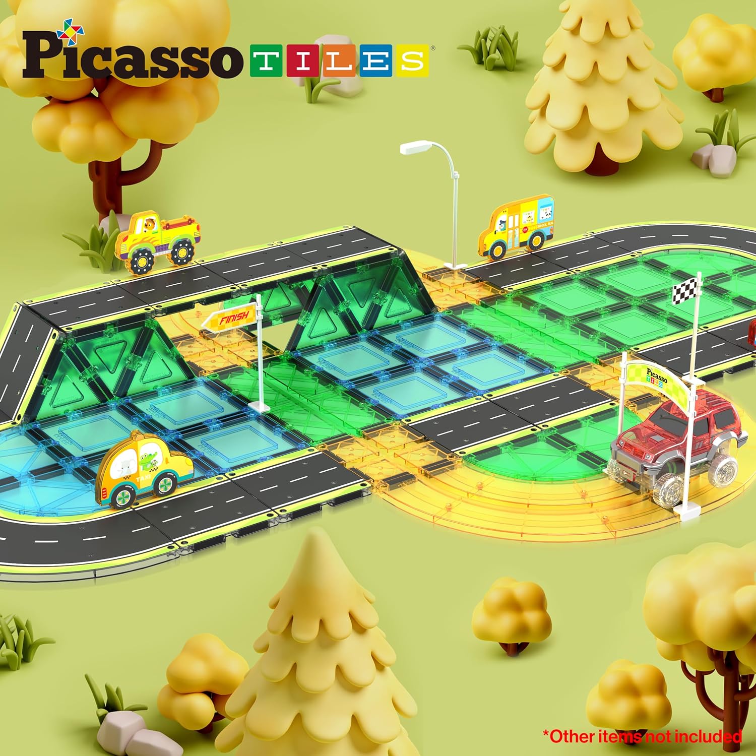 imagePicassoTiles Magnet Tile Car Track Adventure Theme Printed Street Road Runway Speedway Highway Magnetic Building Tiles Block Construction Pretend Play Playset STEM Education Learning Kit Kids 3 PTE16speedway