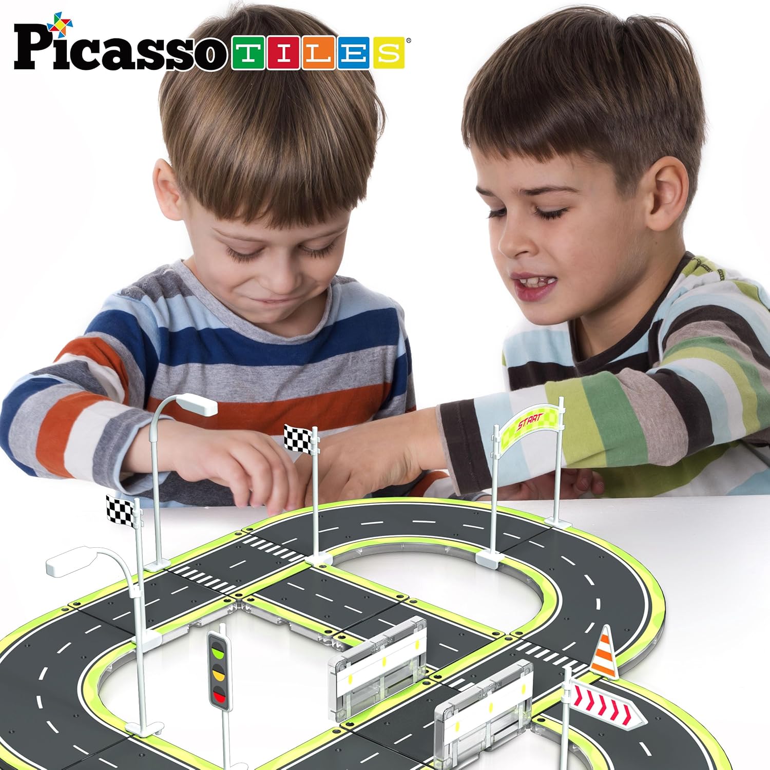 imagePicassoTiles Magnet Tile Car Track Adventure Theme Printed Street Road Runway Speedway Highway Magnetic Building Tiles Block Construction Pretend Play Playset STEM Education Learning Kit Kids 3 PTE16Road w Sign