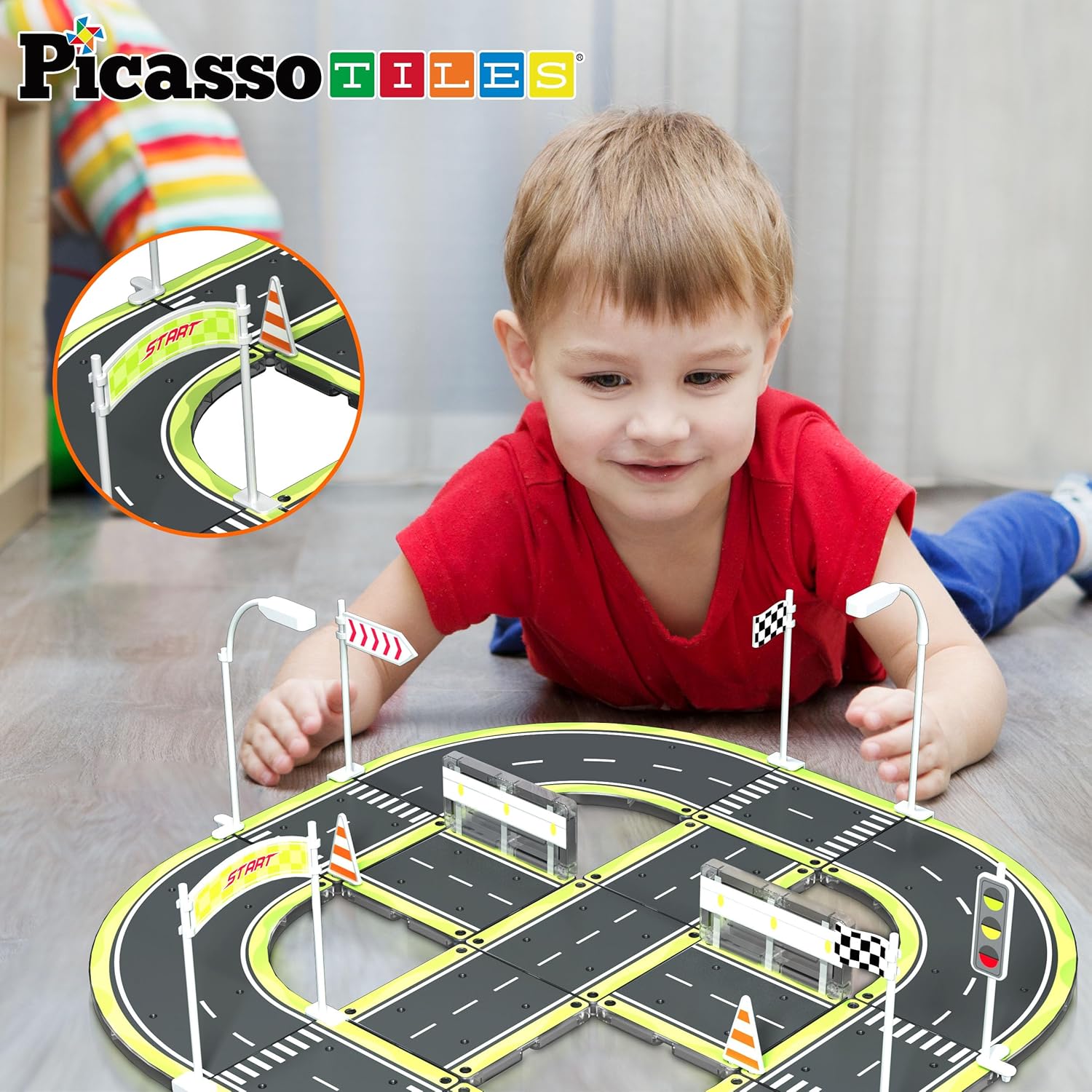 imagePicassoTiles Magnet Tile Car Track Adventure Theme Printed Street Road Runway Speedway Highway Magnetic Building Tiles Block Construction Pretend Play Playset STEM Education Learning Kit Kids 3 PTE16Road w Sign