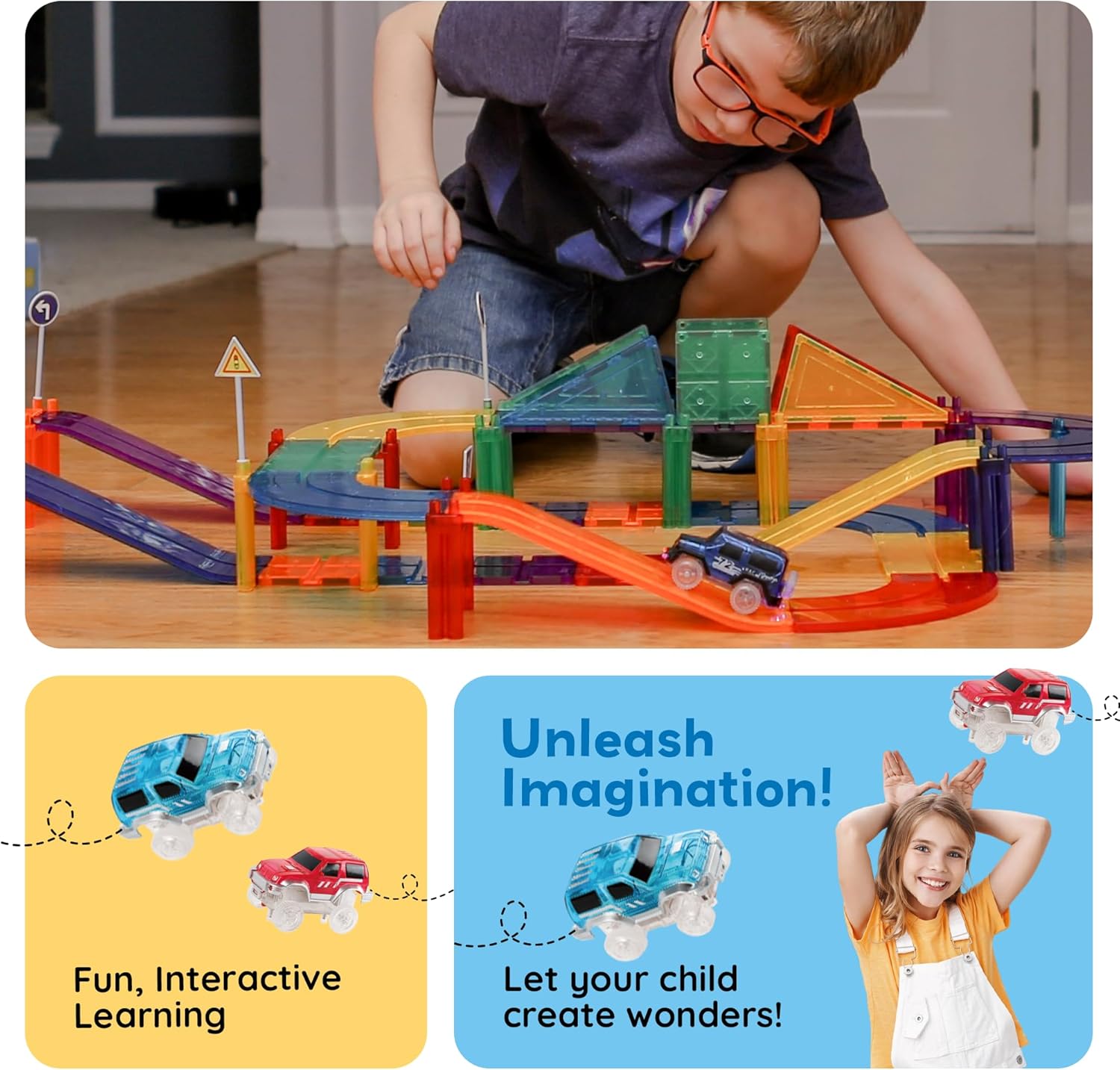 imagePicassoTiles Magnet Tile Car Track Adventure Theme Printed Street Road Runway Speedway Highway Magnetic Building Tiles Block Construction Pretend Play Playset STEM Education Learning Kit Kids 3 PTE1630PC Race Track