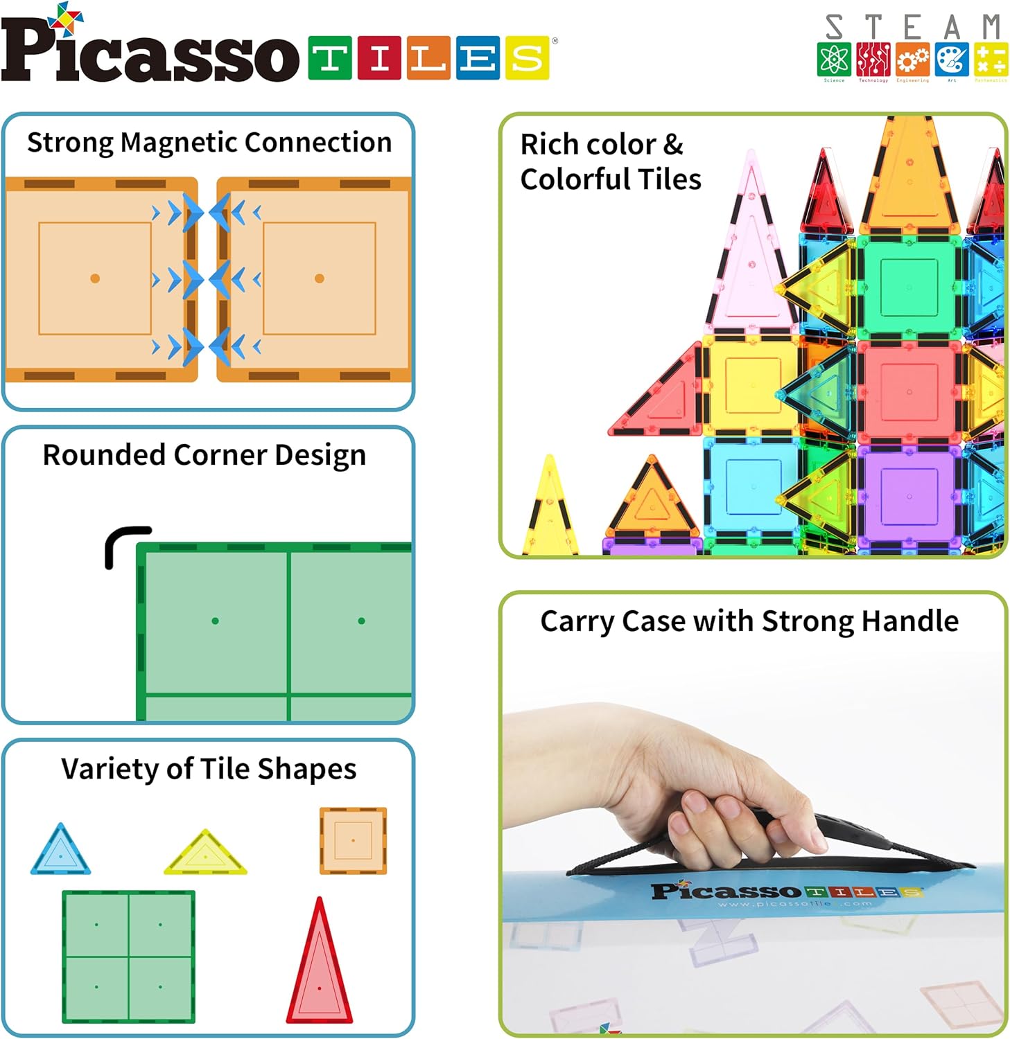 imagePicassoTiles Magnetic Building Block Set Equilateral Triangle Magnet Tiles Construction Toy STEM Learning Kit Educational Playboards Pretend Play Stacking Blocks Child Brain Development PTE01101Pc w Carry Case