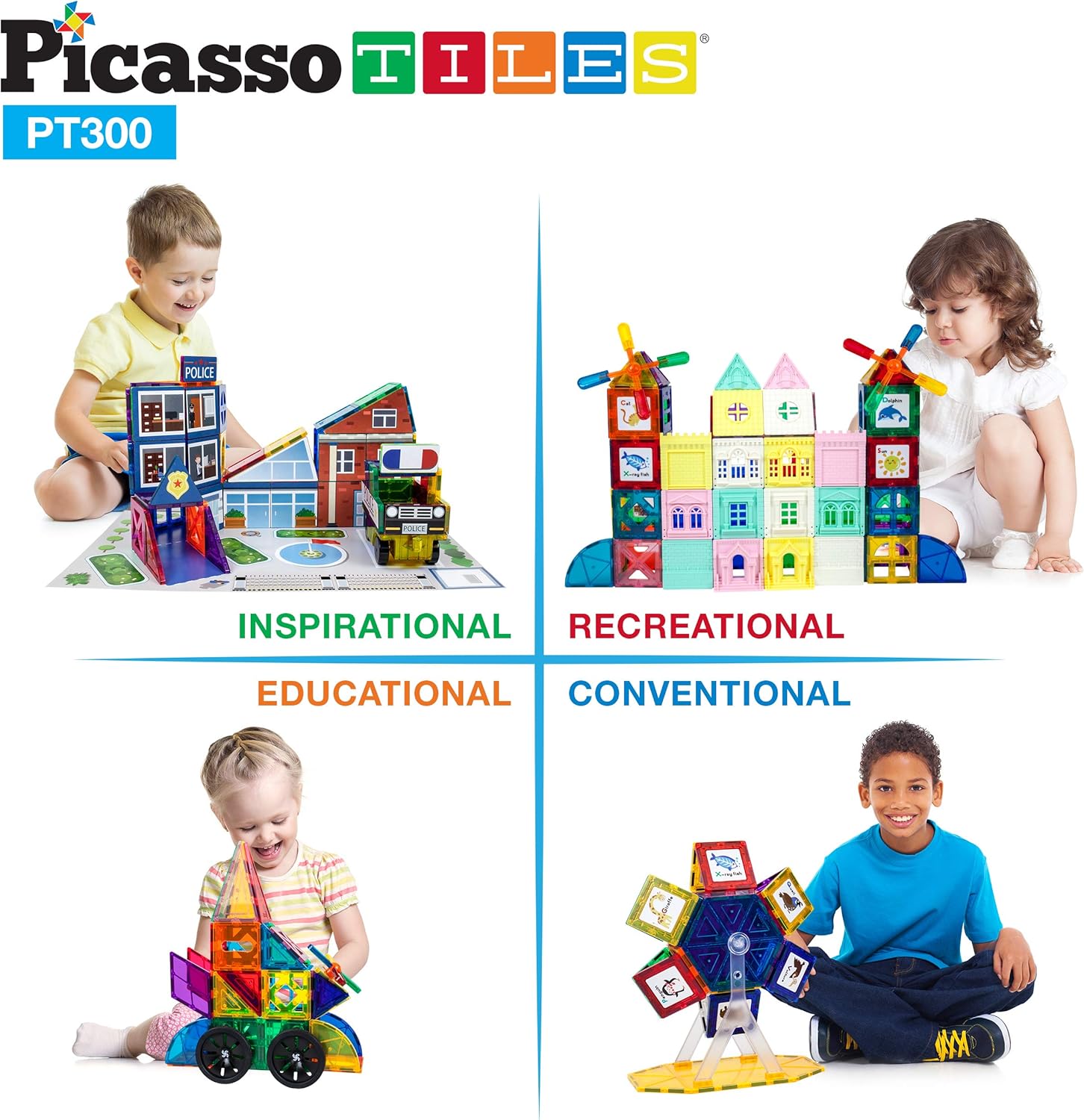 imagePicassoTiles Master Builder Magnetic Early Educational Toy Building Block Kit with 3 in 1 Playboard for KidBaby Ages 3 and Up STEM Construction with School Bus Hospital Police Station 300 PiecePT300