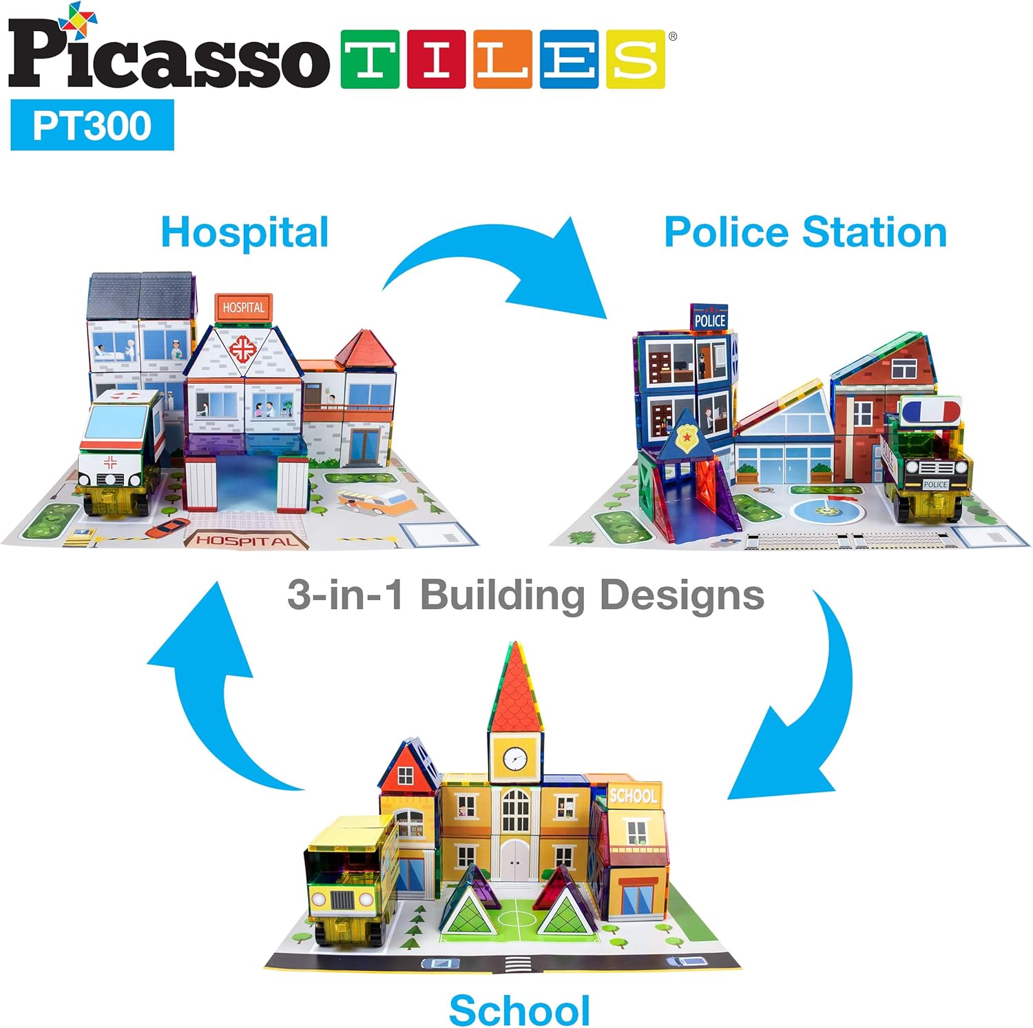 imagePicassoTiles Master Builder Magnetic Early Educational Toy Building Block Kit with 3 in 1 Playboard for KidBaby Ages 3 and Up STEM Construction with School Bus Hospital Police Station 300 PiecePT300