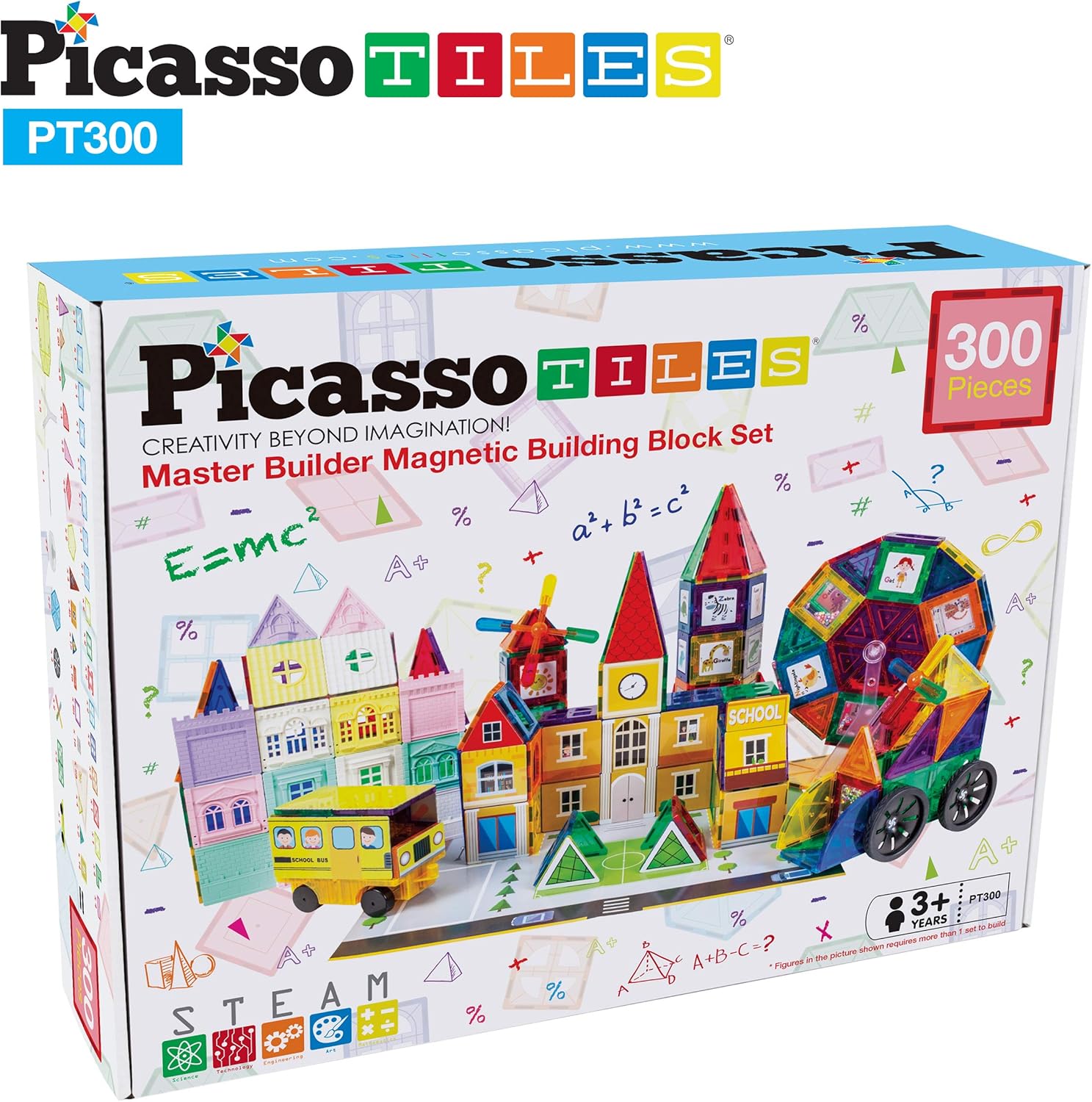 imagePicassoTiles Master Builder Magnetic Early Educational Toy Building Block Kit with 3 in 1 Playboard for KidBaby Ages 3 and Up STEM Construction with School Bus Hospital Police Station 300 PiecePT300