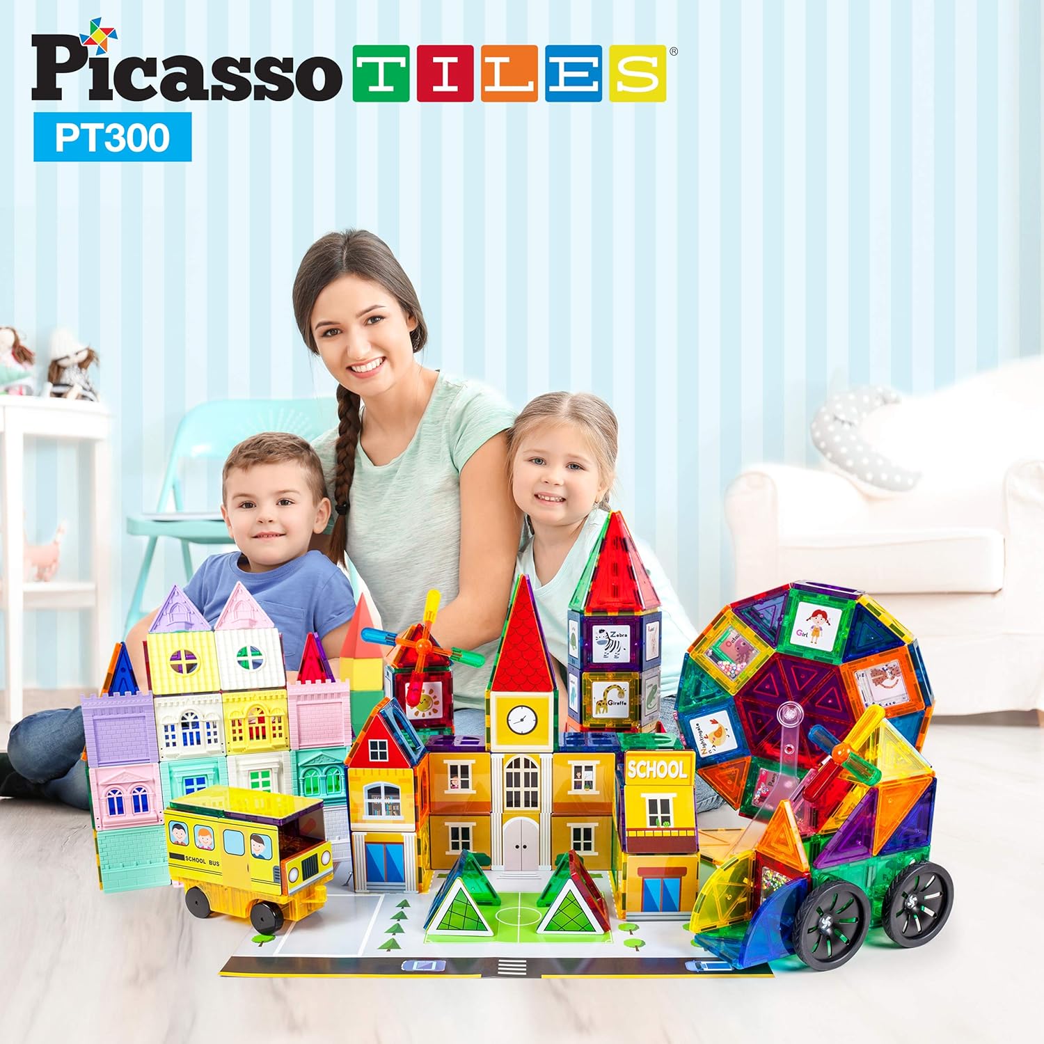 imagePicassoTiles Master Builder Magnetic Early Educational Toy Building Block Kit with 3 in 1 Playboard for KidBaby Ages 3 and Up STEM Construction with School Bus Hospital Police Station 300 PiecePT300
