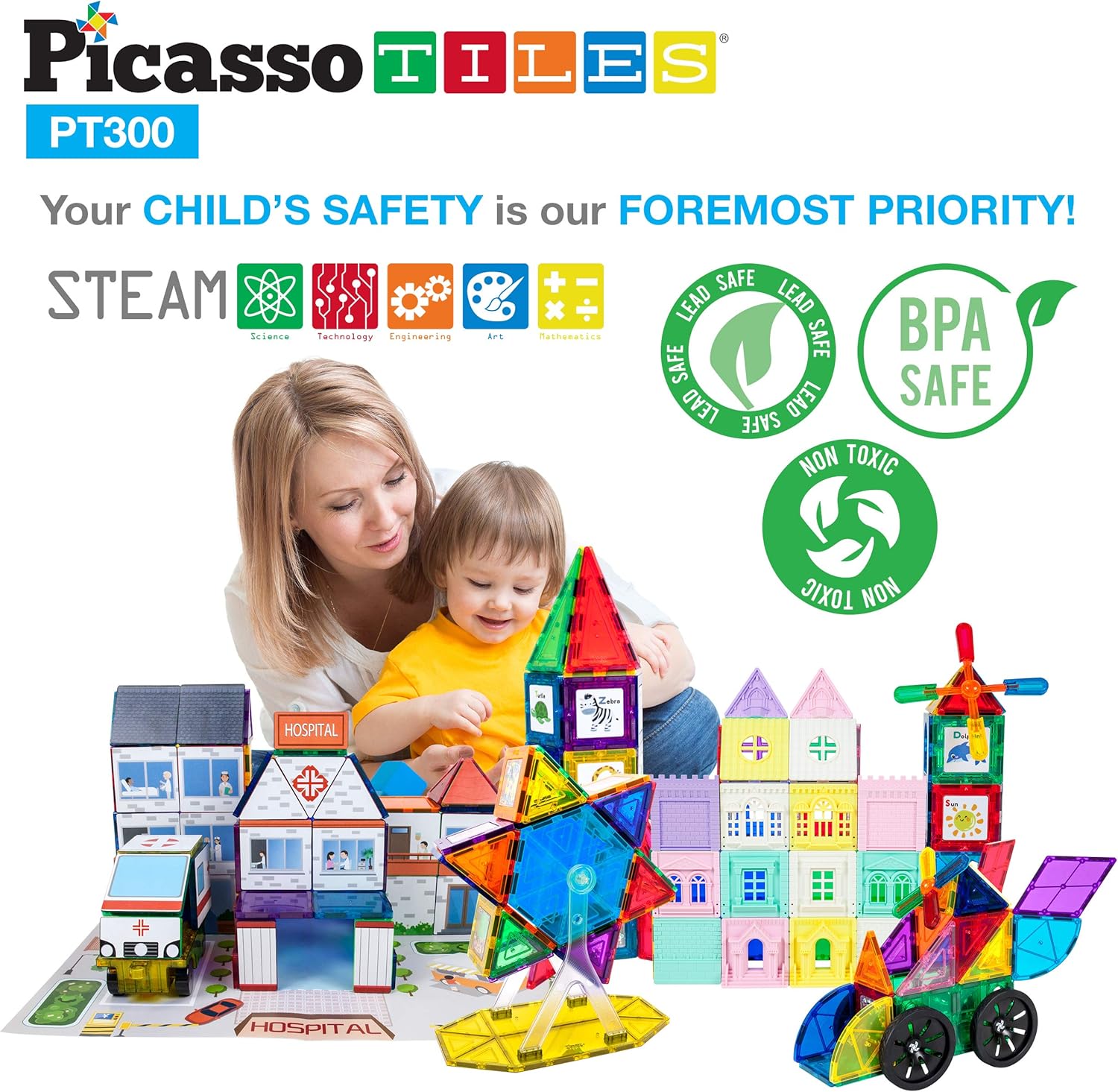 imagePicassoTiles Master Builder Magnetic Early Educational Toy Building Block Kit with 3 in 1 Playboard for KidBaby Ages 3 and Up STEM Construction with School Bus Hospital Police Station 300 PiecePT300