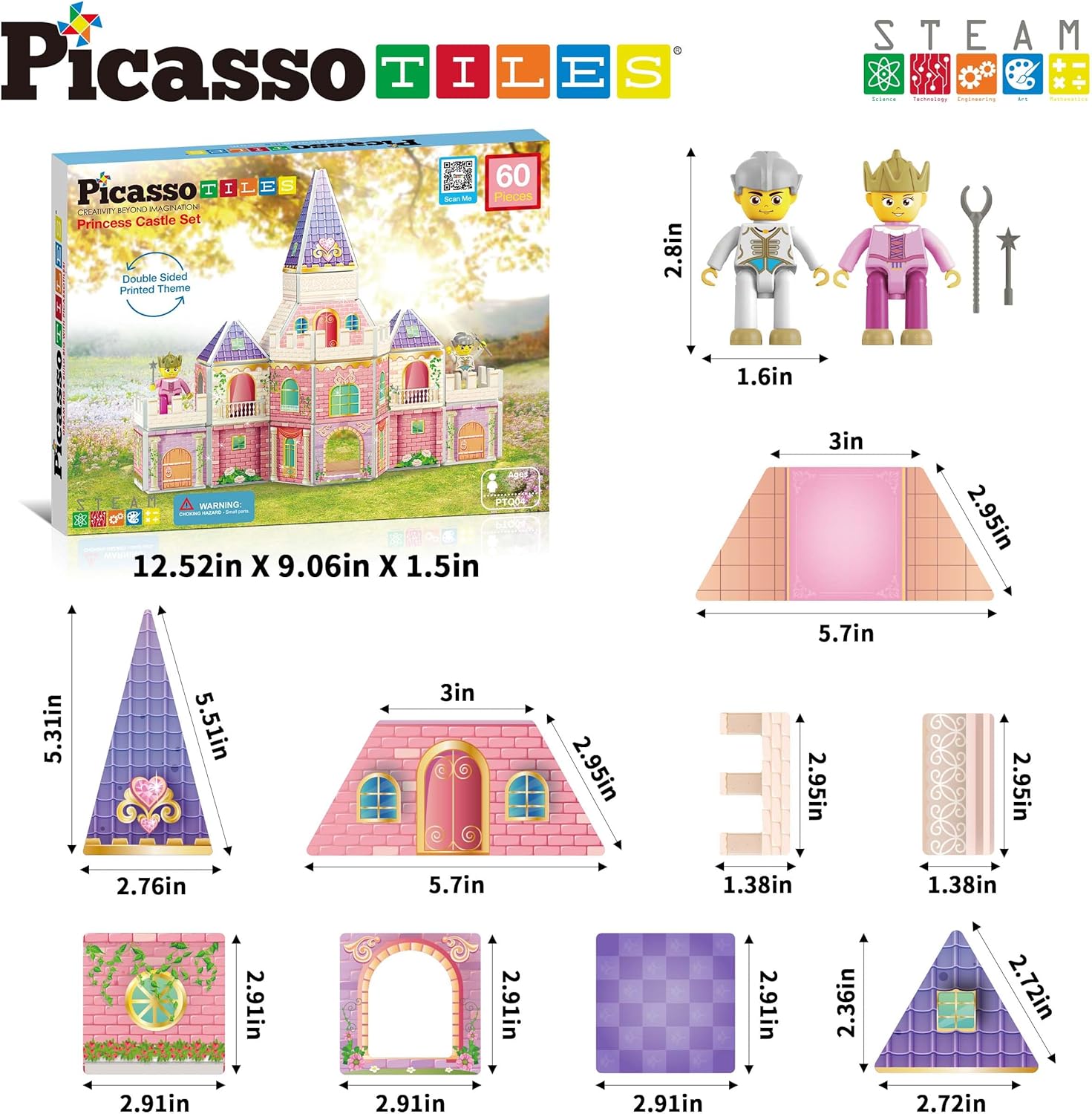 imagePicassoTiles Princess Castle Theme Magnet Tile Building Blocks 2 Action Figures Magnetic Construction Toy Double Sided Printing Education STEM Learning Playset Fantasy Adventure Boy Girl Age 3 PTQ04