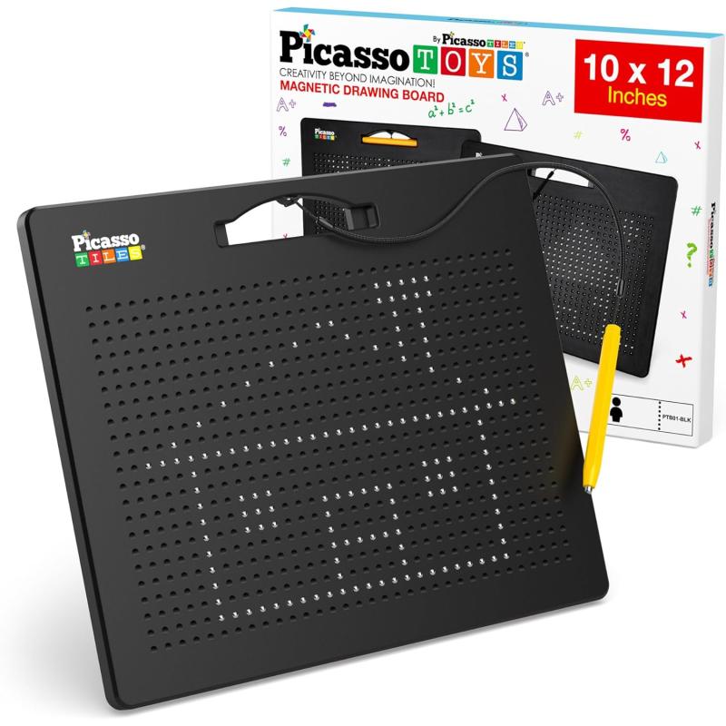 imagePicassoTiles 2in1 Magnetic Drawing Board Toy 12x10 inch Large Magnet Bead Tablet Pad with 2 Facings Alphabets STEM Educational Erasable ampamp Reusable Learning Writing Playboard in Black PTB03Free Black