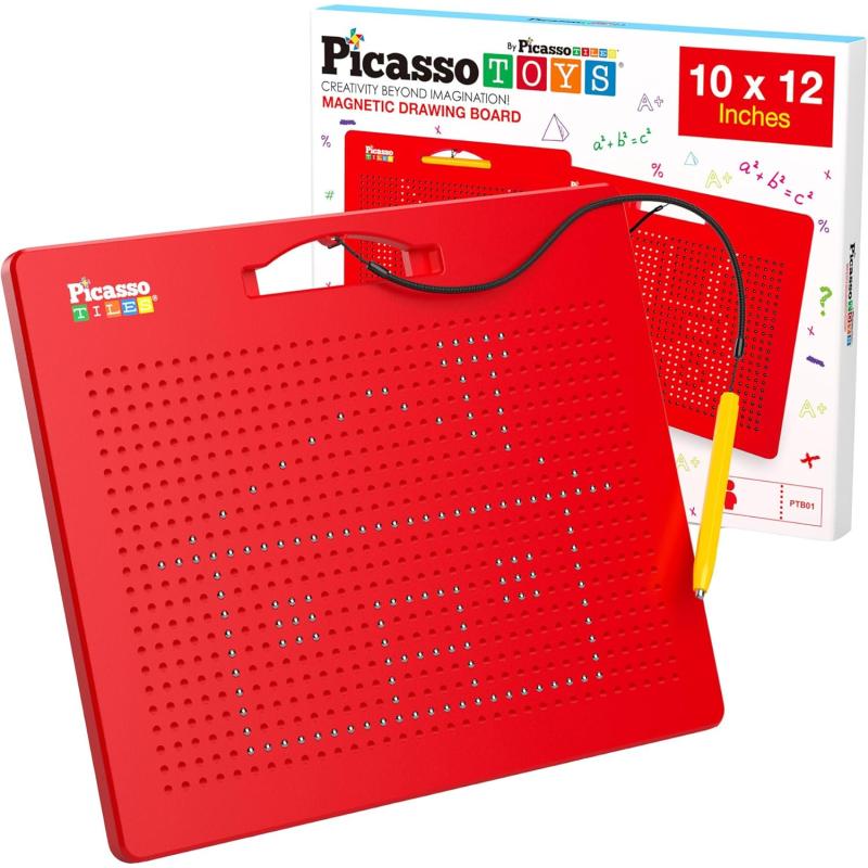 imagePicassoTiles 2in1 Magnetic Drawing Board Toy 12x10 inch Large Magnet Bead Tablet Pad with 2 Facings Alphabets STEM Educational Erasable ampamp Reusable Learning Writing Playboard in Black PTB03Free Red
