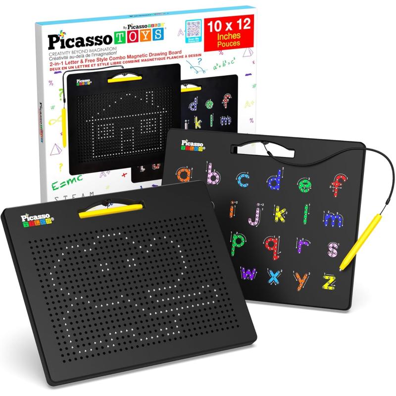 imagePicassoTiles 2in1 Magnetic Drawing Board Toy 12x10 inch Large Magnet Bead Tablet Pad with 2 Facings Alphabets STEM Educational Erasable ampamp Reusable Learning Writing Playboard in Black PTB03AlphabetFree