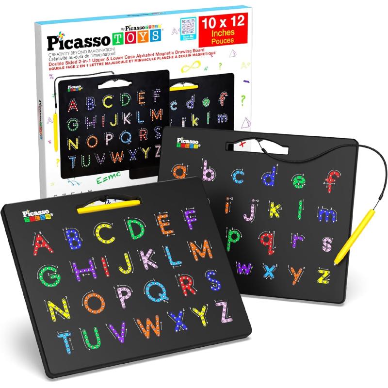 imagePicassoTiles 2in1 Magnetic Drawing Board Toy 12x10 inch Large Magnet Bead Tablet Pad with 2 Facings Alphabets STEM Educational Erasable ampamp Reusable Learning Writing Playboard in Black PTB03DualAlphabet